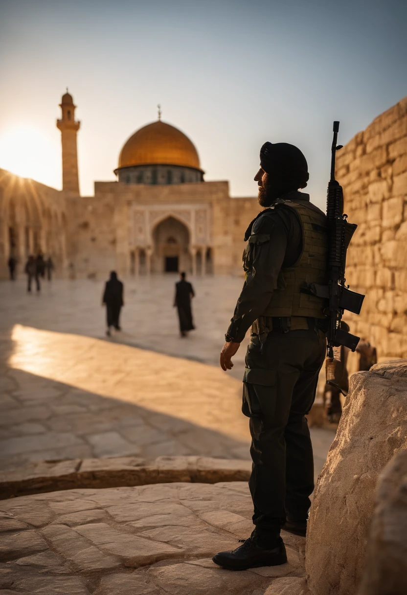 (Pakistani Commando wearing black commando uniform with the name Basit Written back side of the shirt) (standing on the Rock) in front of (masjid ul aqsa) (sunset time ) (Palestine falg) 8k resolution realistic image