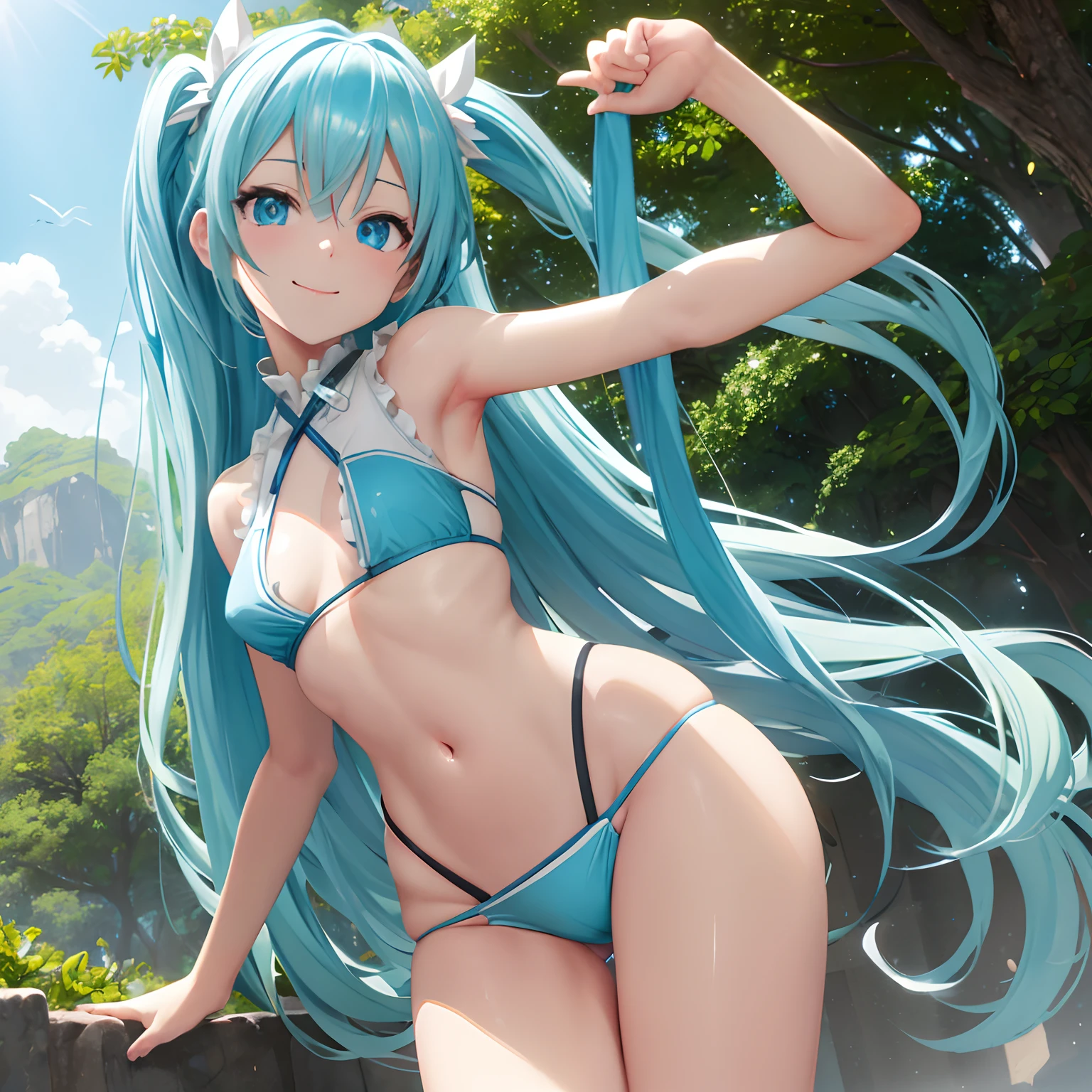 1 rapariga、(Solo), anime style, super fine illustrations、beautiful seductive anime girl、Super detailed、Smile、beautiful blueish eyes、Beautiful proportions、HATSUNEMIKU、Slender、gentle expressions、seductive anime girls、Lackluster skin、Transparent sexy bikini swimsuit、Strong sunlight、Seaside,Vest line, , , , sex
