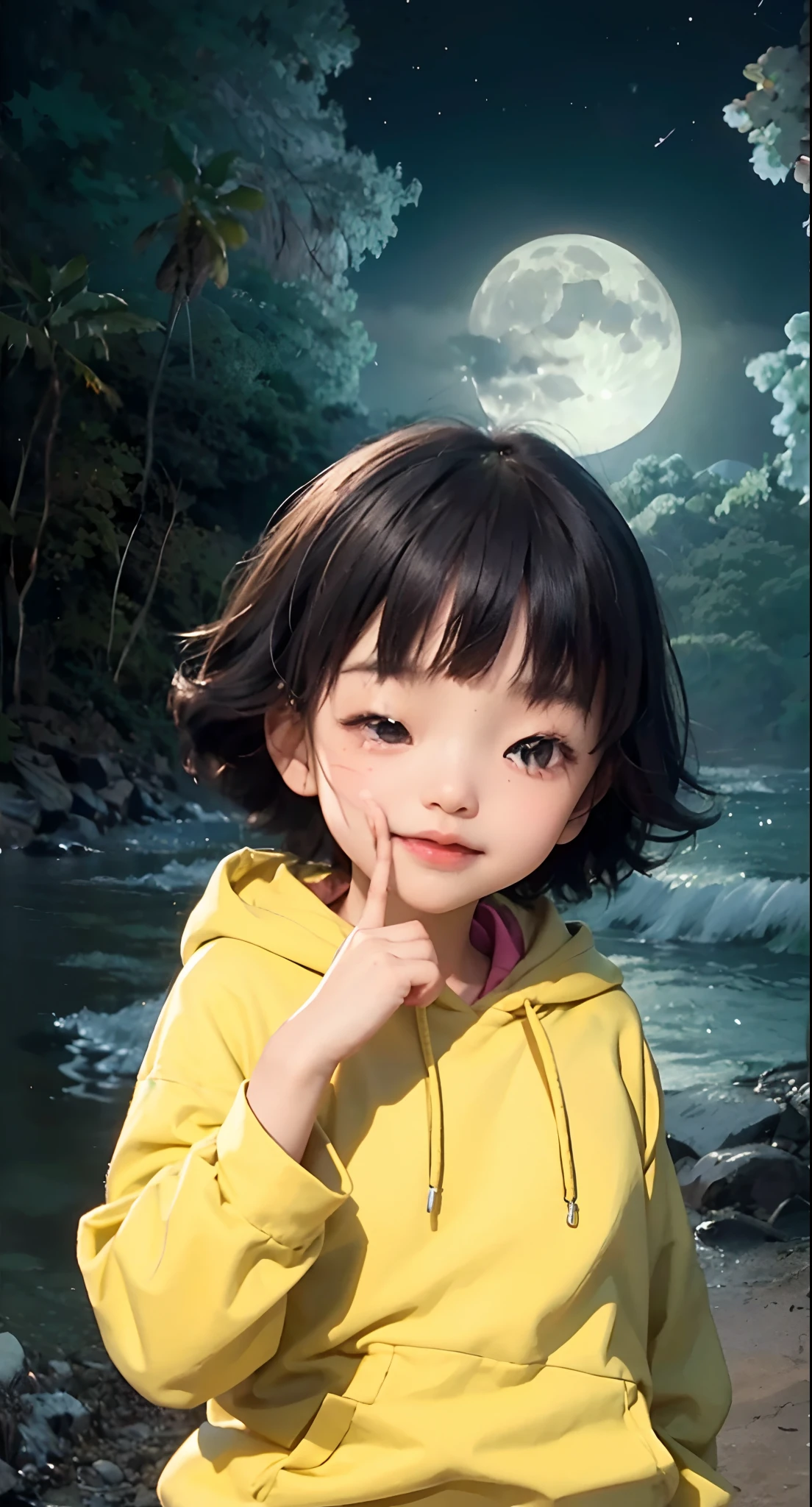 Real life adaption of this character, Beautiful face of little Korean child, same exactly expression,looking to viewer,realistic same hair with Bangs and The back hair is spiky hair , (realistic same tight outfit ),realistic nature scenery with Moonlight view background, hyper realistic, realistic light, realistic shadow, realism,(photorealistic:1.2)