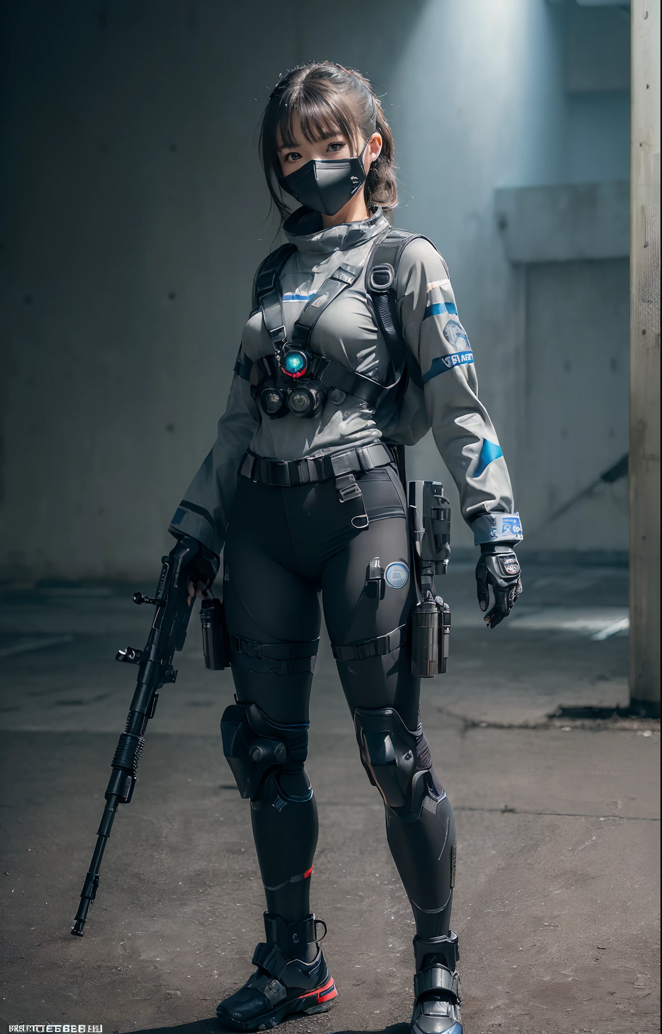 ((best quality, (masterpiece), photorealistic, photorealism, Photorealistic, high resolution)), 1girl full body, Combat pose, (Detailed face), (wearing rash-guard likes police uniform, gloves, black and grey mecha, wearing futuristic-gasmask, military harness, holding a machinegun, carrying hich-tech-launcher), background grey, Fingers are occluded