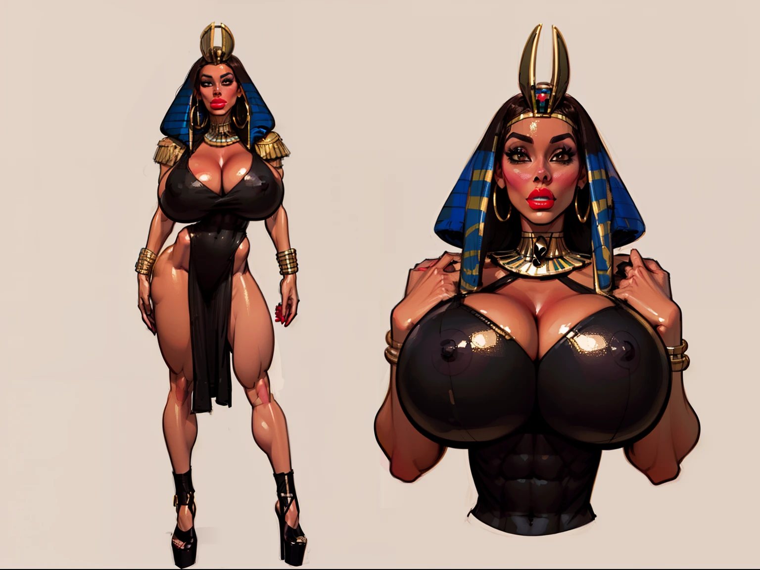 ((masterpiece)),(((best quality))),((character design sheet)), ((full body view)) ((Egyptian queen) mature face, ((Nemes:1.4)), defined cheekbones, high cheekbones, illustration, muscular, ((gold:1.4)), sexy bimbo, (gigantic breasts:1.7) black hair, ((detailed face:1.4)) beautiful woman, (Egyptian:1.4) (black skin:1.4) , (red lipstick:1.4), shiny skin, scribbles and marks,(puffy lips:1.4) , rough sketches, pose, 8k,16k, (simple background, white background: 1.3) beige color palette, black legs, black arms, ((brown face))