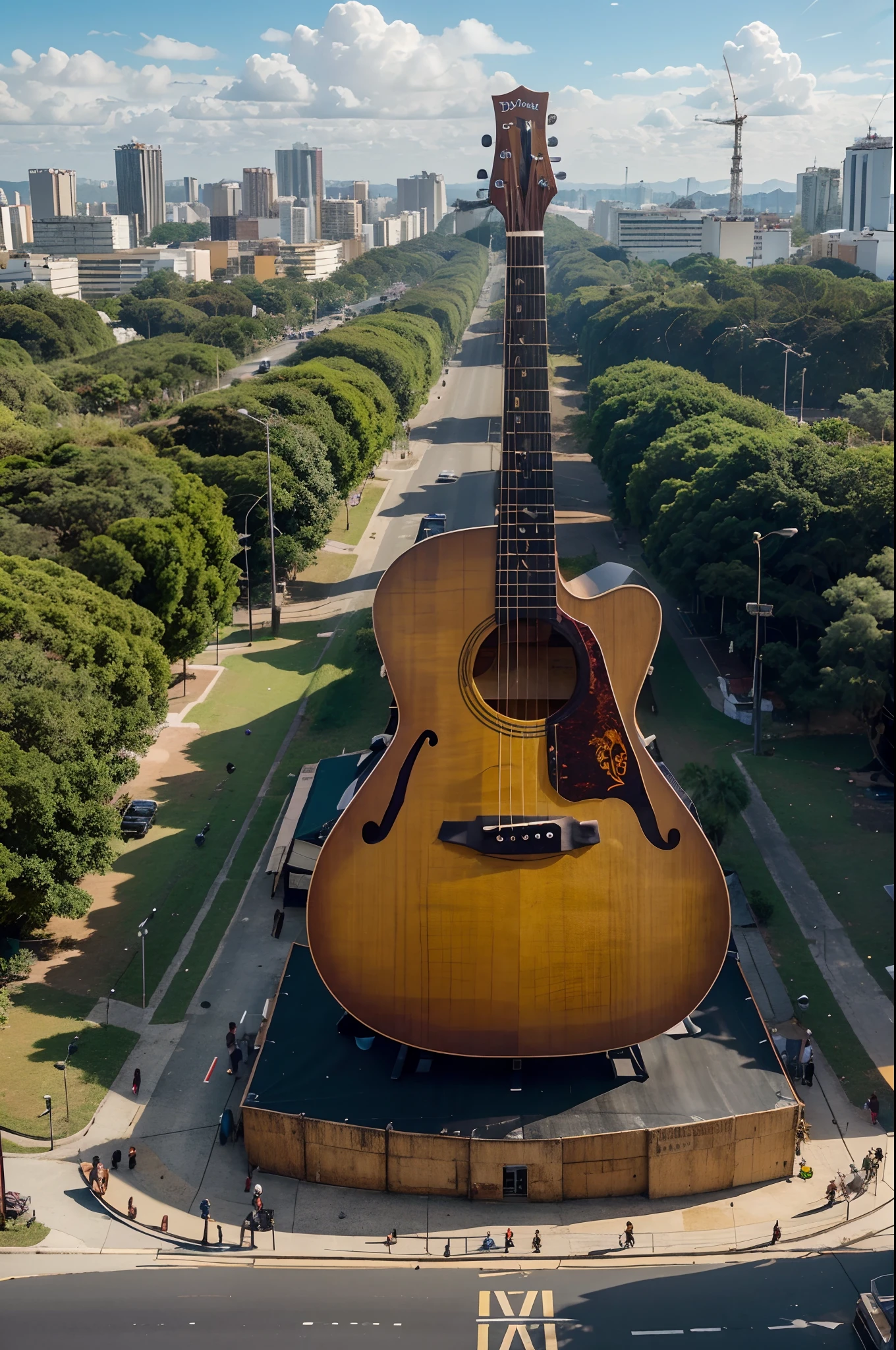 How about a giant guitar made entirely from recyclable materials, located in the heart of Avenida Paulista? This incredible structure will feature a countdown in the center, anunciando a data do festival de rock mais esperado do ano. The vibrant colors of the Rock in Rio event will bring the guitar to life, Creating a realistic and captivating look. Imagine a stunning aerial image, capturando a grandiosidade desse festival de rock que atrai milhares de pessoas. and don't worry, The image quality will be as high as possible to ensure an amazing visual experience.