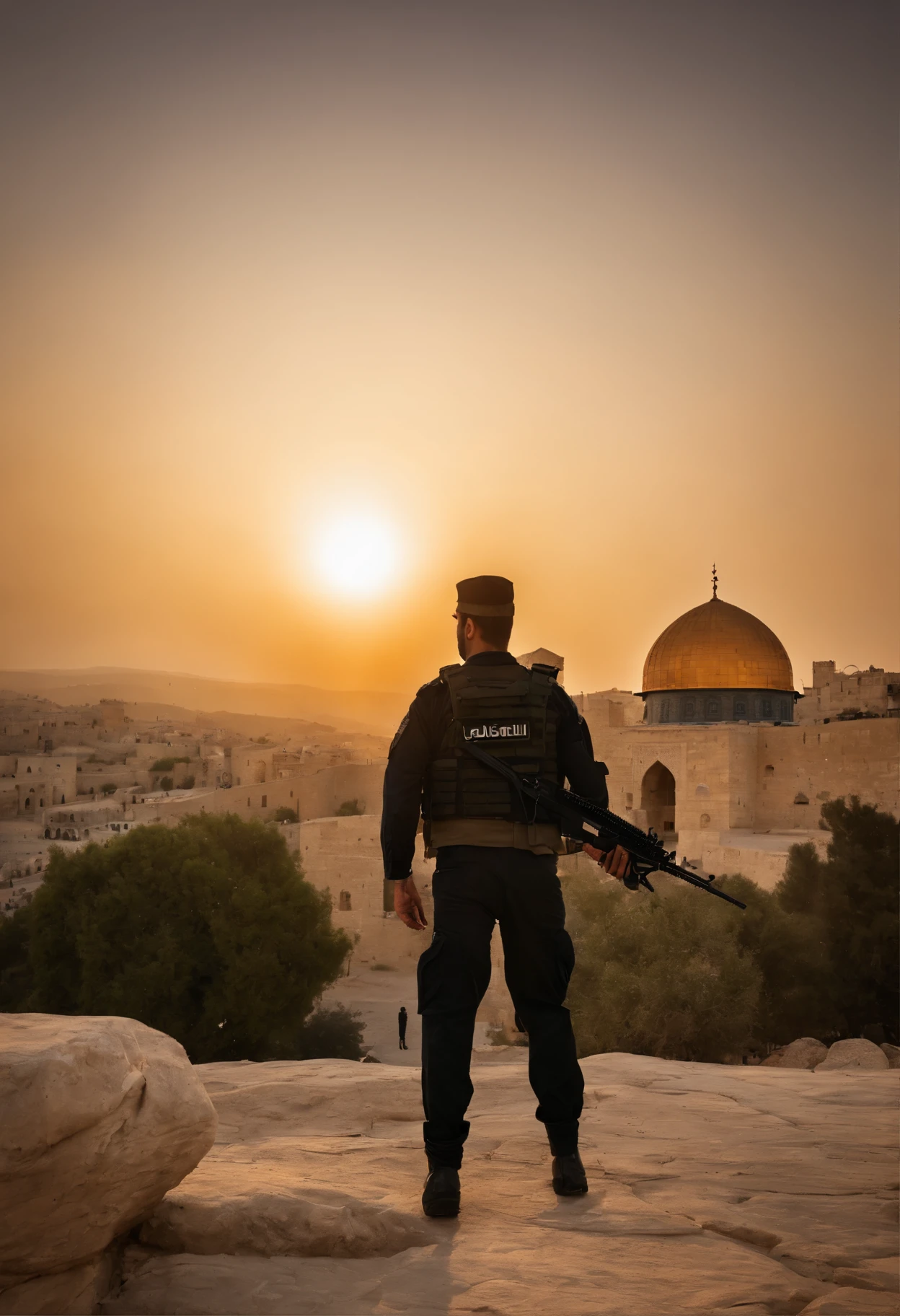 (Pakistani Commando wearing black commando uniform with the name Basit Written back side of the shirt) (standing on the Rock) in front of (masjid ul aqsa) (sunset time ) (Palestine falg) 8k resolution realistic image