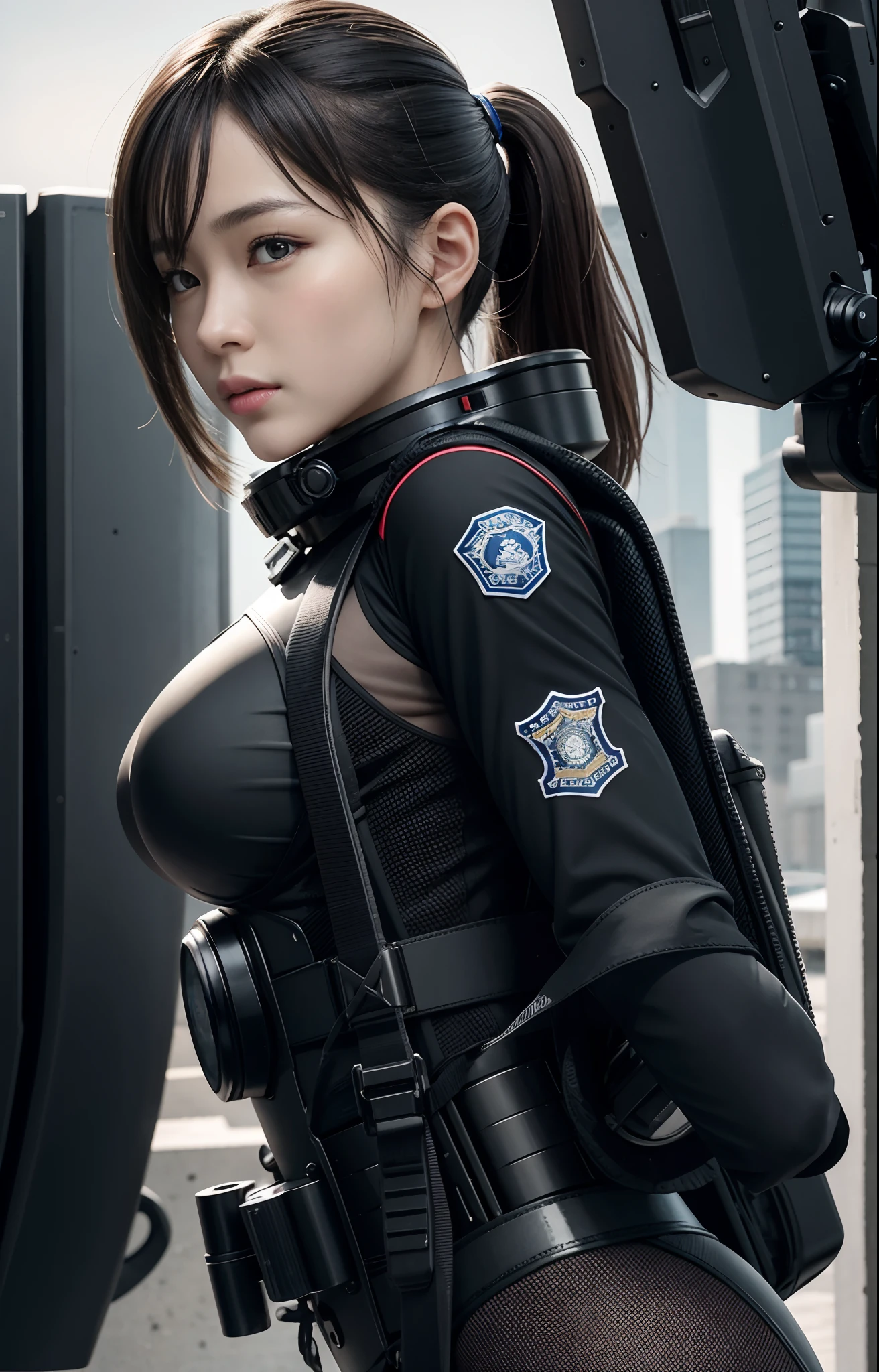 Highest image quality, outstanding details, ultra-high resolution, (realism: 1.4), ((close up:0.75, from side)), Photorealistic, highly condensed 1 lady, full body, aiming with an assault rifle, Combat pose, (Detailed face), looking to the camera, (cloths color black:0.4 white:0.5 other-color:0.1), (wearing rash-guard likes police uniform, gloves,black and gray mecha, wearing futuristic-gasmask, military harness, holding a machinegun, carrying hich-tech-backpack), background grey, Fingers are occluded