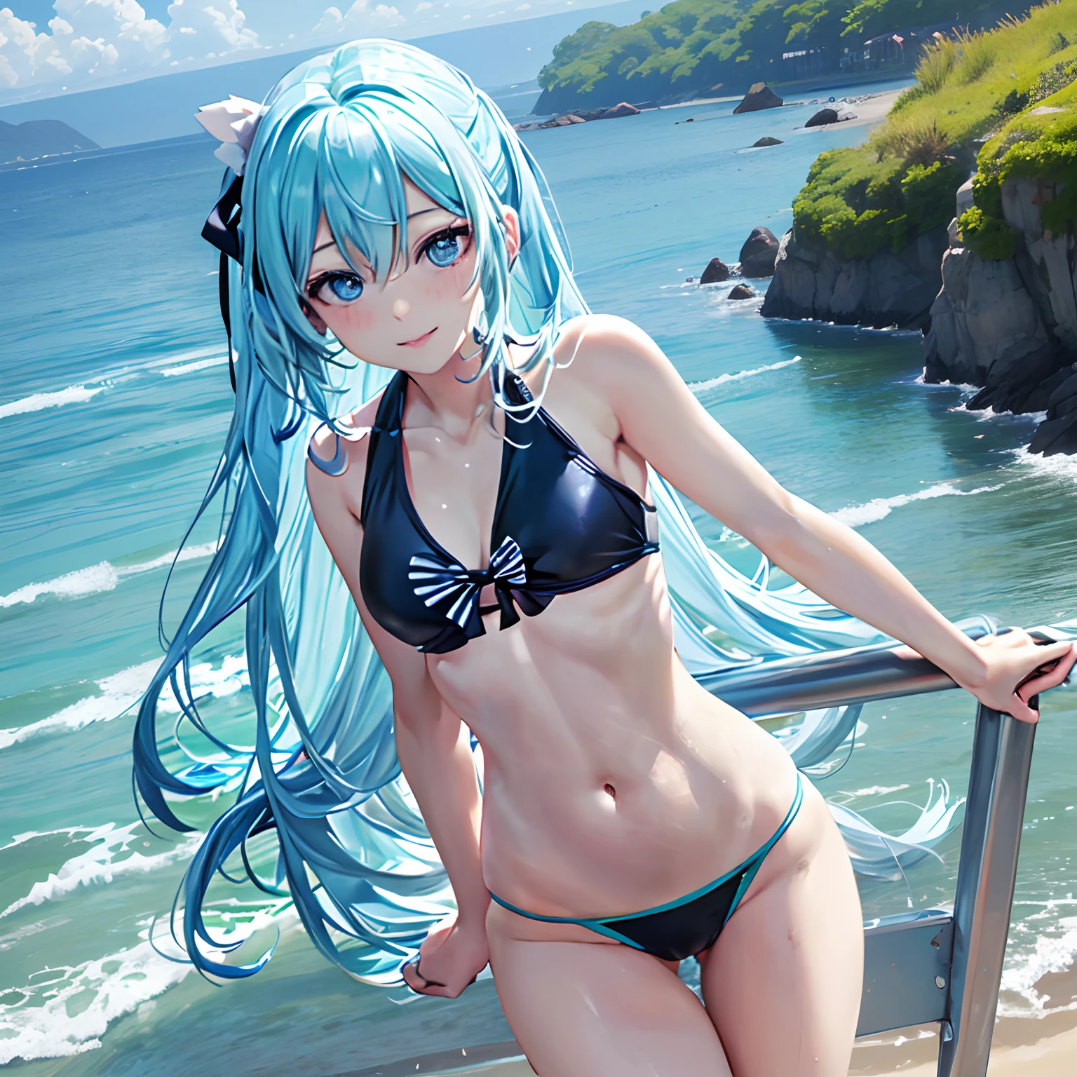 1 rapariga、(Solo), anime style, super fine illustrations、beautiful seductive anime girl、Super detailed、Smile、beautiful blueish eyes、Beautiful proportions、HATSUNEMIKU、Slender、gentle expressions、seductive anime girls、Lackluster skin、Transparent sexy bikini swimsuit、Strong sunlight、Seaside,Vest line, , , , sex