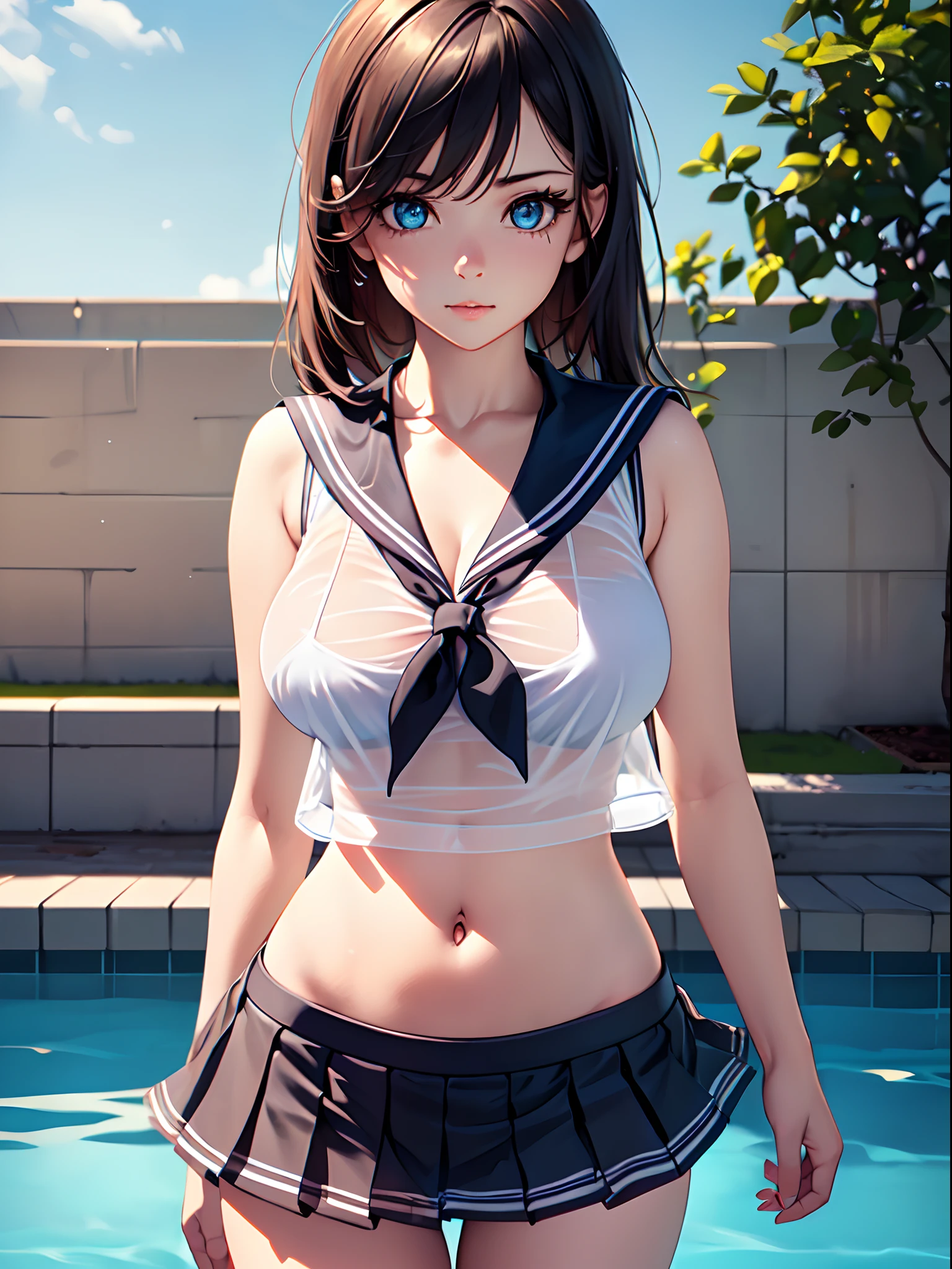 ((masterpiece, best quality, highres, UHD, perfect pixel, depth of field, 4k, RTX, HDR))), 1girl, single, solo, cleavage, beautiful girl, beautiful artstyle, ((Detailed beautiful eyes, beautiful eyelashes, realistic eyes)), ((detailed face)), ((smooth texture, realistic texture, photorealistic)), large breasts, small ass, perfect body, ((cowboy shot)), ((( white sheer sailor shirt, Sleeveless, Open front))), (((Navel ))), (((Sheer Micro Mini Skirt))), poolside, Perfect Eyes Eyes