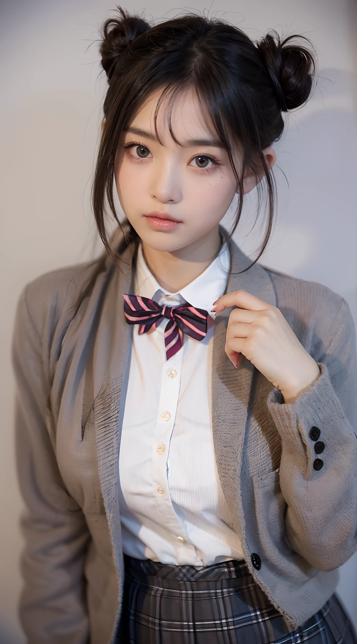 1girl, grey eyes, looking at viewer, (((mini double buns with a fringe))), class background.