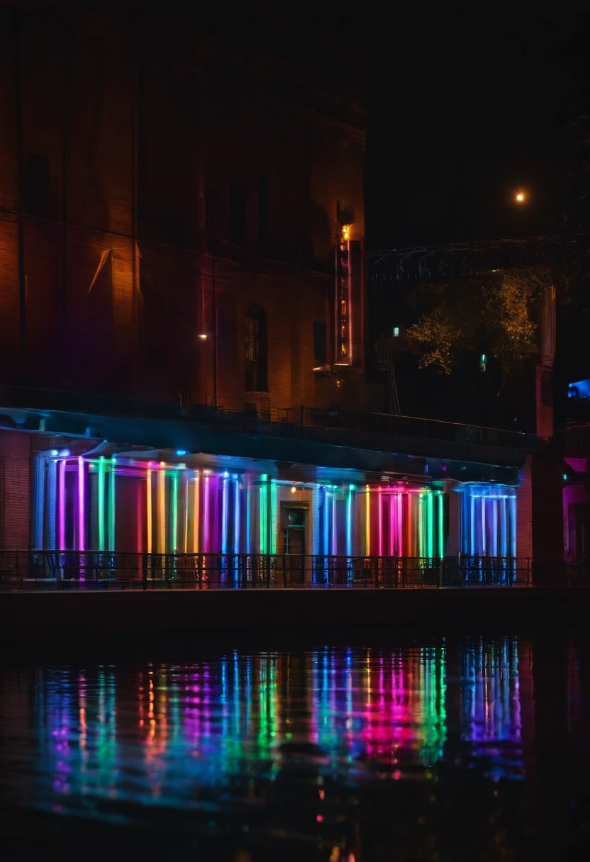 Hanging neon light-bars, multicolored, with rainbow halos, over the water with reflections.