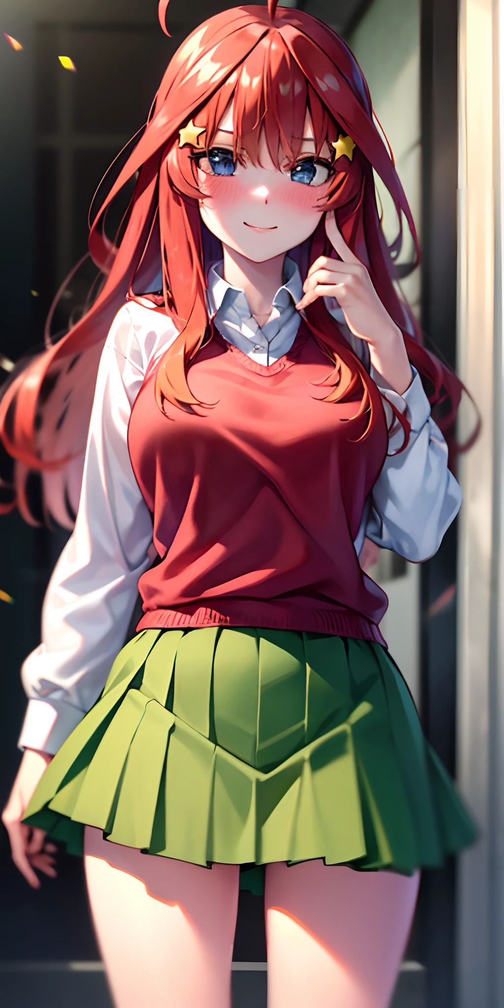 2D, masutepiece, Best Quality, Anime, Highly detailed, 1girl in, Solo, Cowboy Shot, Itsuki Nakano, Red hair, Long hair, Star hair ornament, Ahoge, Red Sweater, Collared shirt, Green skirt, Miniskirt, medium breasts, Standing, School, Outdoors, Smile, blush, embarrassed,skirt lift by yourself,pigeon-toed,
