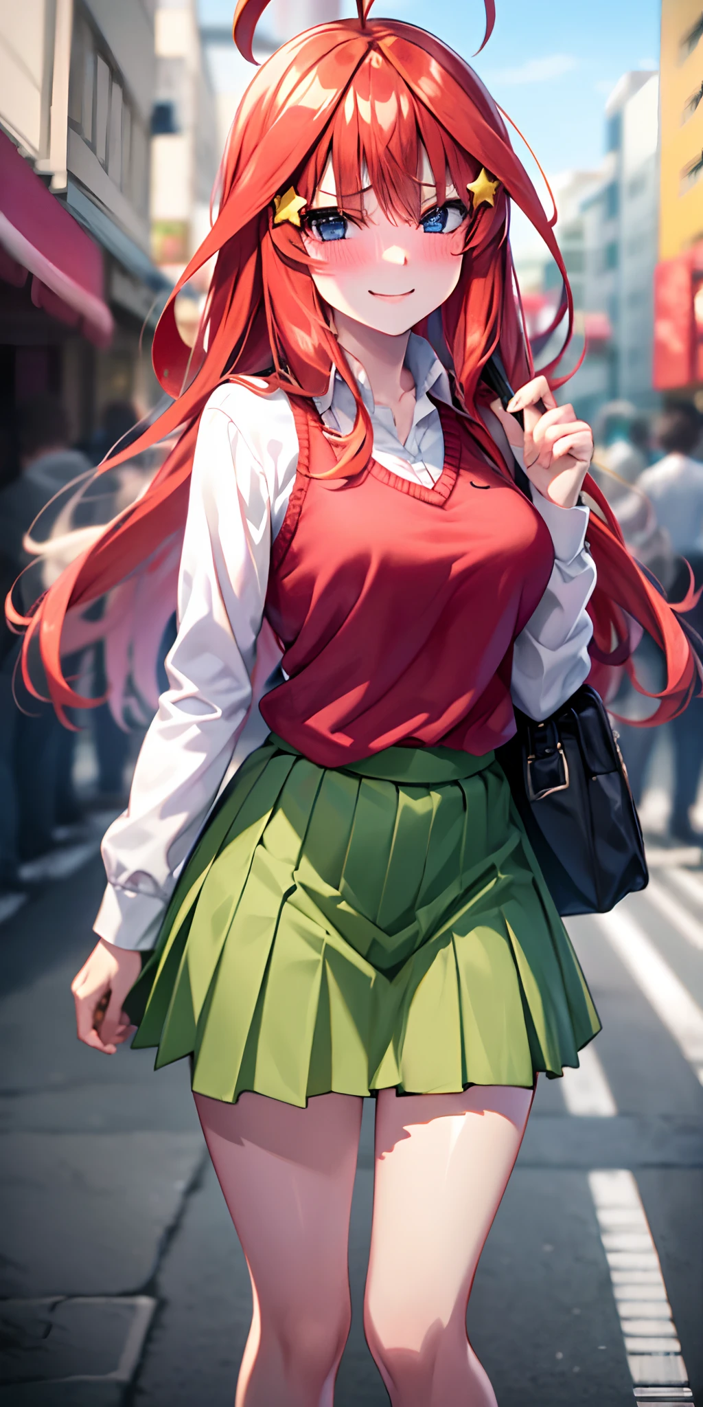2D, masutepiece, Best Quality, Anime, Highly detailed, 1girl in, Solo, Cowboy Shot, Itsuki Nakano, Red hair, Long hair, Star hair ornament, Ahoge, Red Sweater, Collared shirt, Green skirt, Miniskirt, medium breasts, Standing, School, Outdoors, Smile, blush, embarrassed,skirt lift by yourself,pigeon-toed,