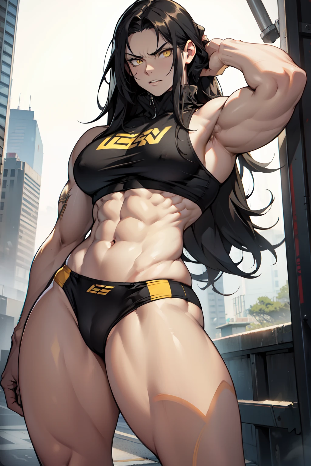 1 girl pale skin black hair yellow eyes long hair angry muscular toned body bodybuilder curvy wide hips thick thighs