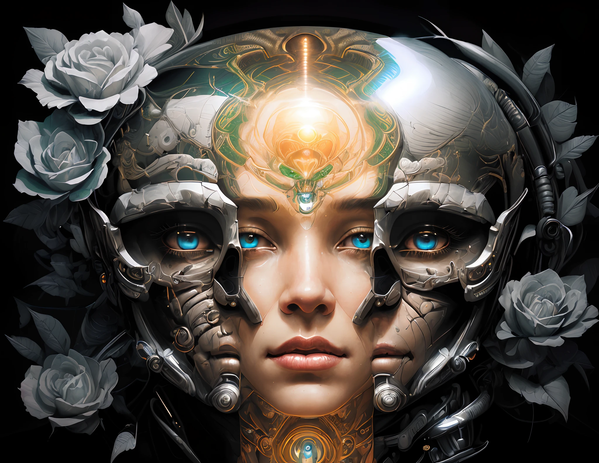 there is a woman with a helmet and a rose on her head, symmetry!! portrait of cyborg, detailed portrait of a cyborg, greg beeple, artgerm julie bell beeple, cyborg goddess in cosmos, translucid. biomechanical cyborg, beautiful cyborg priestess, cyborg - girl, cyborg portrait, intricate transhuman, symmetrical portrait scifi