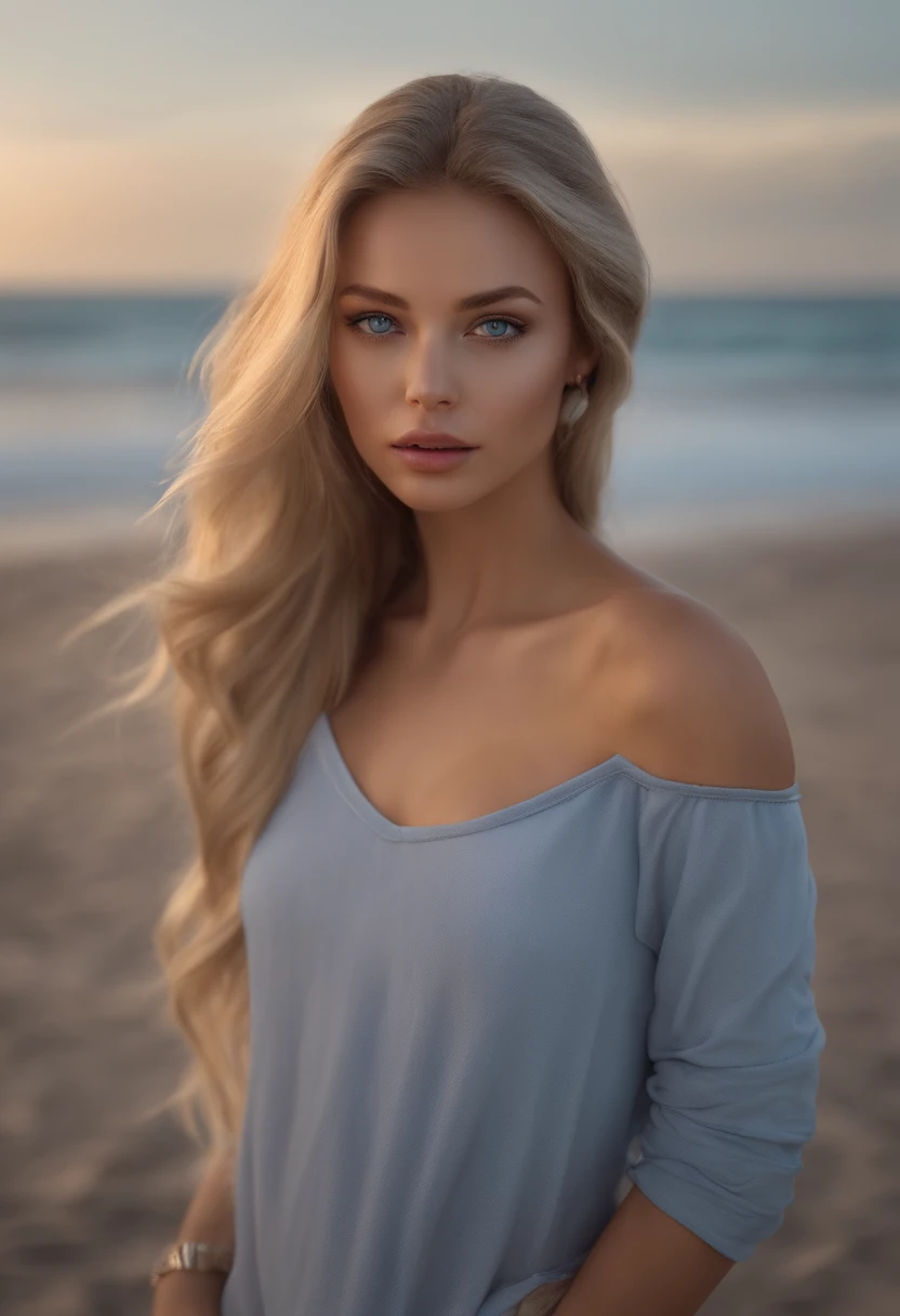 arafed woman fully , sexy girl with blue eyes, ultra realistic, meticulously detailed, portrait sophie mudd, blonde hair and large eyes, selfie of a young woman, bedroom eyes, violet myers, without makeup, natural makeup, looking away from the camera, face with artgram, subtle makeup, stunning full body shot walking on beach, medium to large size bust