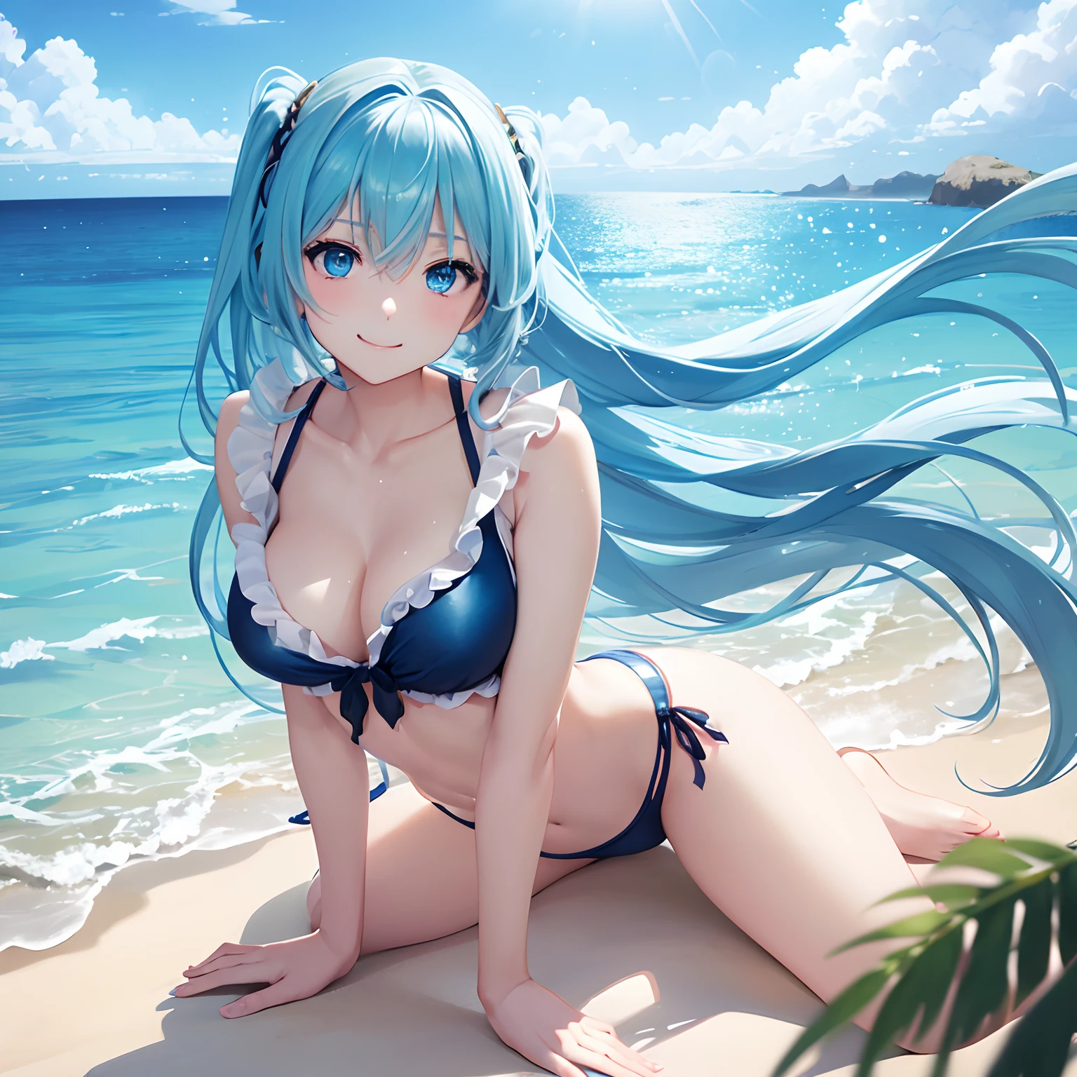 1 rapariga、(Solo), anime style, super fine illustrations、beautiful seductive anime girl、Super detailed、Smile、beautiful blueish eyes、Beautiful proportions、HATSUNEMIKU、Slender、gentle expressions、seductive anime girls、Lackluster skin、Transparent sexy bikini swimsuit、Strong sunlight、Seaside,Vest line, , , , sex