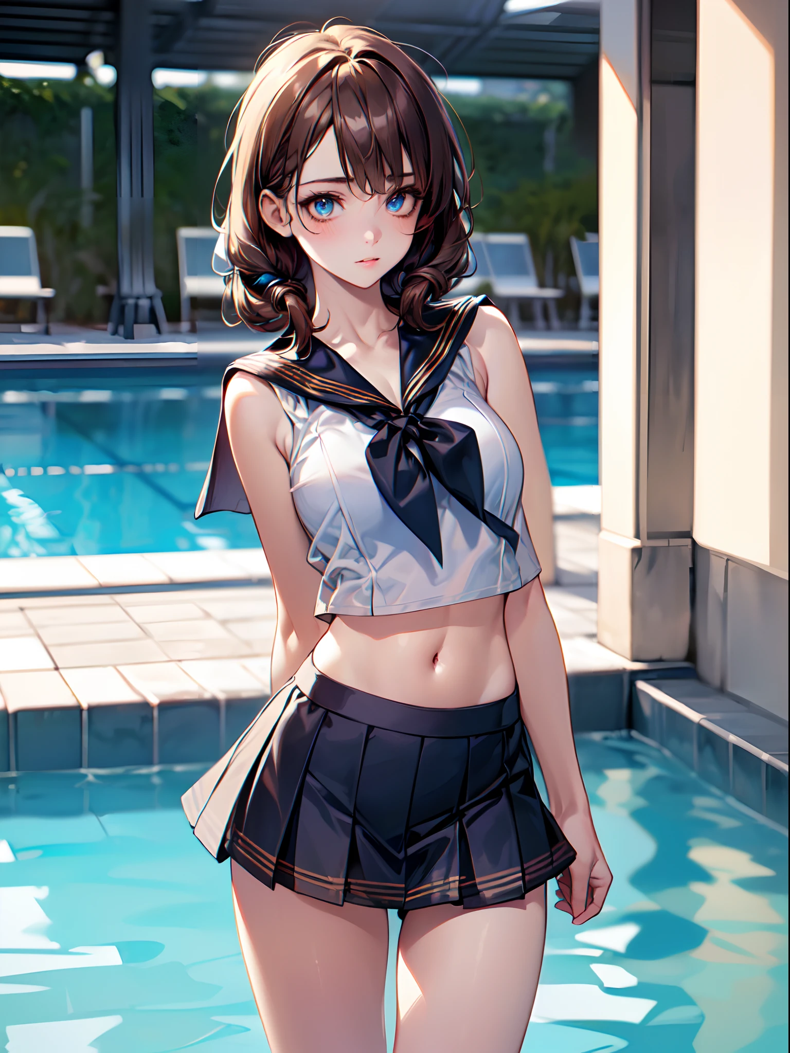 ((masterpiece, best quality, highres, UHD, perfect pixel, depth of field, 4k, RTX, HDR))), 1girl, single, solo, cleavage,  beautiful girl, beautiful artstyle, ((Detailed beautiful eyes, beautiful eyelashes, realistic eyes)), ((detailed face)), ((smooth texture, realistic texture, photorealistic)), large breasts, small ass, perfect body, ((cowboy shot)), ((( white sheer sailor shirt, Sleeveless, Open front))), (((Navel ))), (((Sheer Micro Mini Skirt))), poolside, Perfect Eyes Eyes
