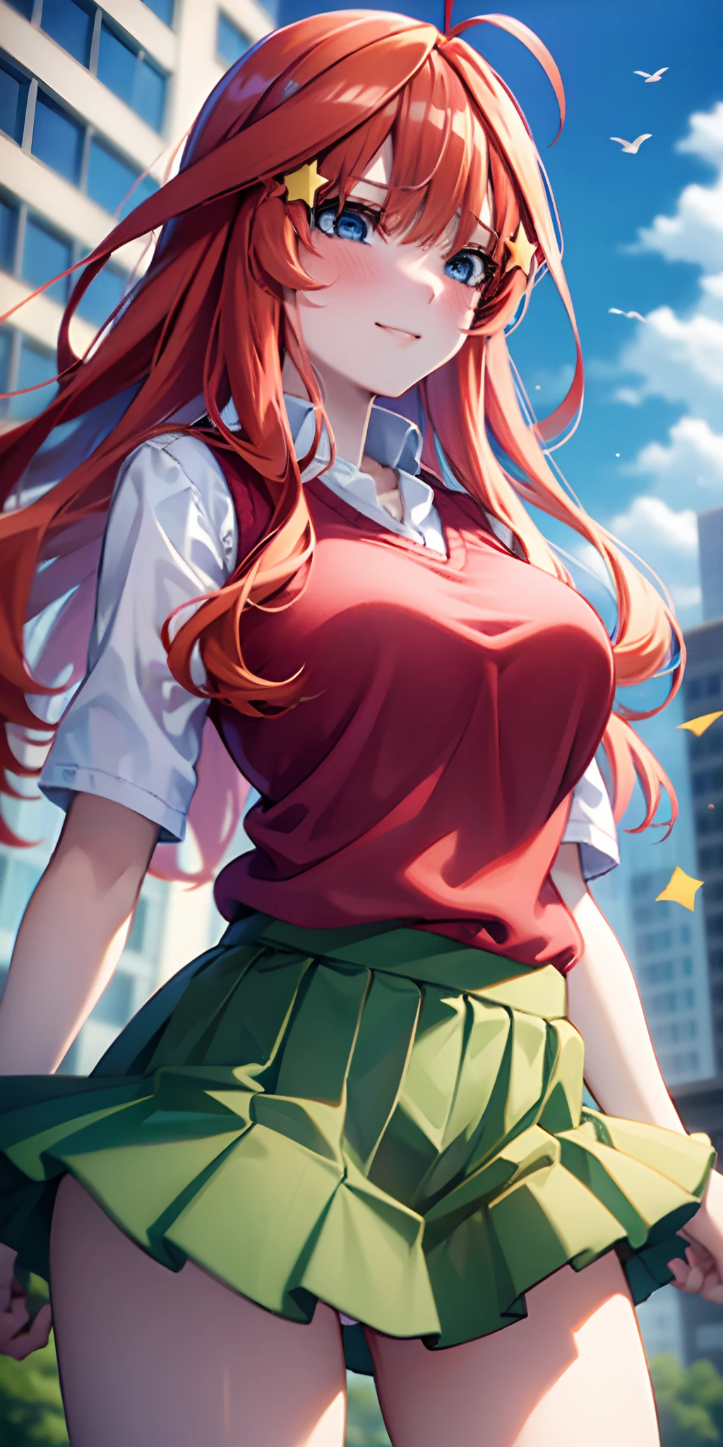 2D, masutepiece, Best Quality, Anime, Highly detailed, 1girl in, Solo, Cowboy Shot, Itsuki Nakano, Red hair, Long hair, Star hair ornament, Ahoge, Red Sweater, Collared shirt, Green skirt, very short miniskirt, medium breasts, Standing, School, Outdoors, smile, blush, embarrassed,skirt lift by yourself,pigeon-toed, showing panties, floating hair, wind,