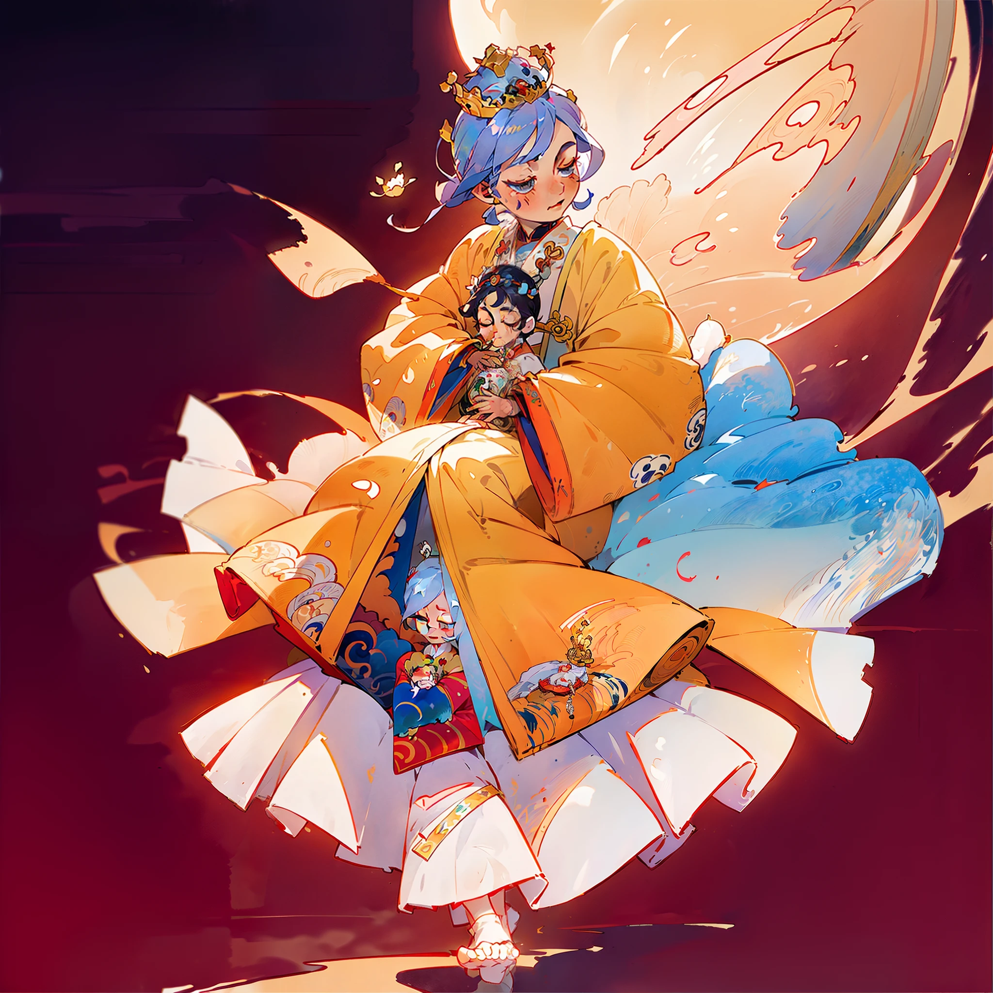 Water colour Painting of The beautiful 16-year-old chinese Queen holds (a little Emperor: 1.5) wearing shavings in her arms, Straight eyes, radiating a brilliant aura, Rosary handle: 1.5),  Crown Team, (Systemic: 2.0), full body: 2.0, glowing cloak, Moon pedal foot