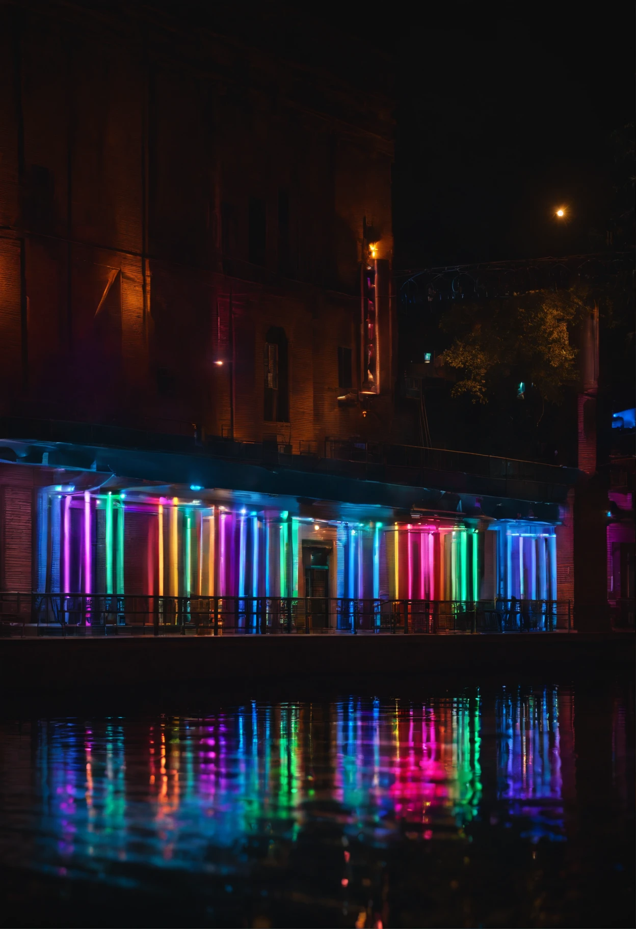 Hanging neon light-bars, multicolored, with rainbow halos, over the water with reflections.