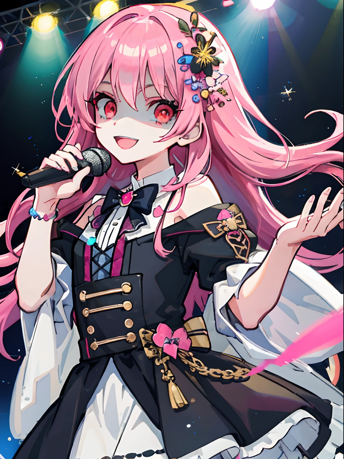 arafed image of a woman in a Black ta outfit holding a microphone, best anime 4k konachan wallpaper, trending on artstation pixiv, nightcore, 8k high quality detailed art, guweiz on pixiv artstation, detailed digital anime art, splash art anime, solo guweiz on artstation pixiv, 1girl, red eyes, pink hair, eyes in shadow, creepy smile, idol, singing, concert