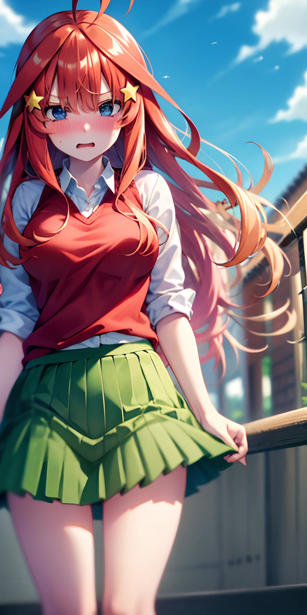 2D, masutepiece, Best Quality, Anime, Highly detailed, 1girl in, Solo, Cowboy Shot, Itsuki Nakano, Red hair, Long hair, Star hair ornament, Ahoge, Red Sweater, Collared shirt, Green skirt, very short miniskirt, medium breasts, Standing, School, Outdoors, panicking, blush, embarrassed,skirt lift by yourself,pigeon-toed, showing panties, floating hair, wind,