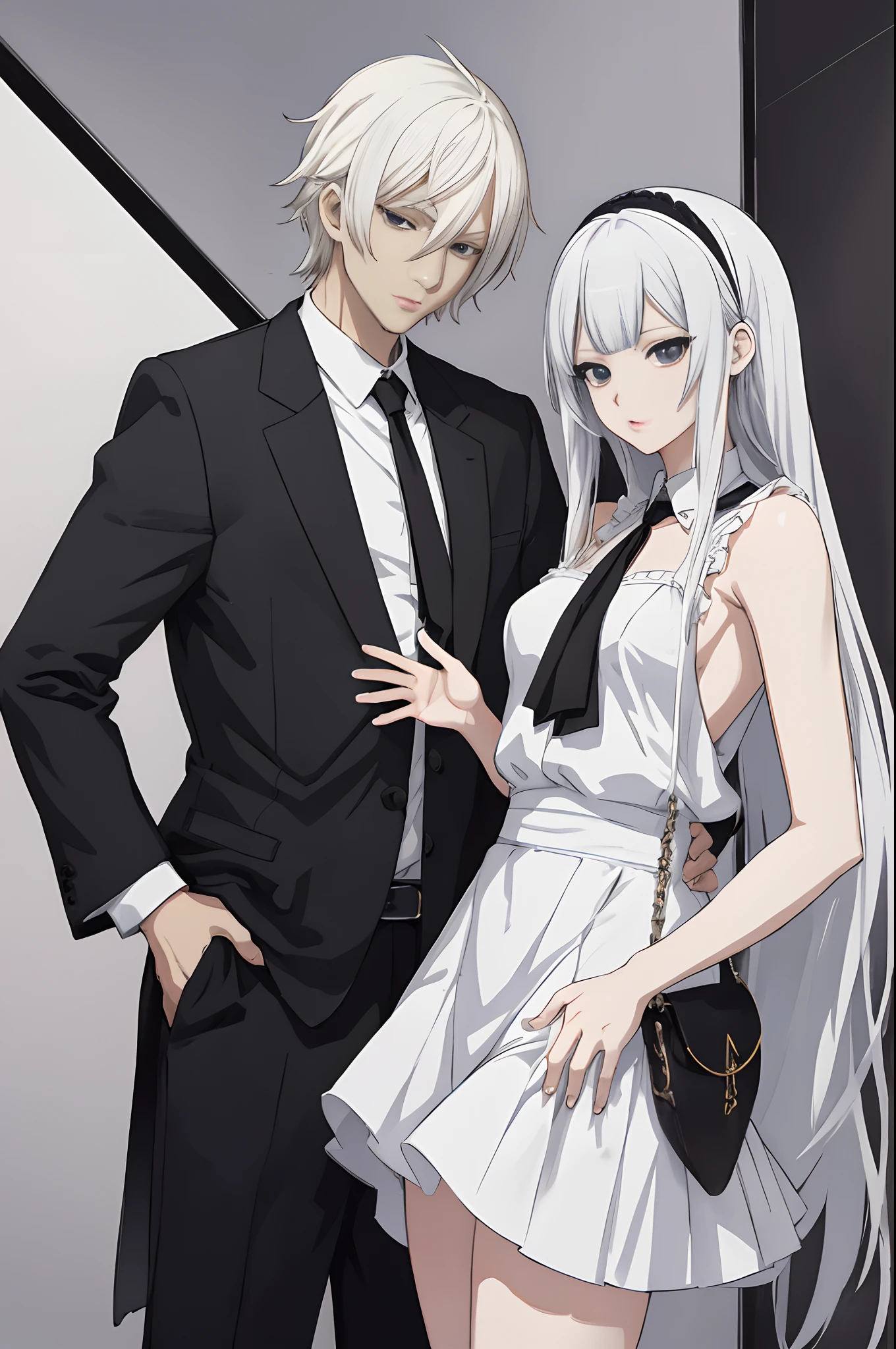 pareja de anime con cabello blanco y ropa negra posando para una foto, Sasura, :14 Estilo anime de los 80, Arte Zerochan, Hana Yata, Hidari y Vlop, Hajime Yatate, en estilo anime, Anime sombreado vectorial, Blanco y negro, Sakimichan y Frank Franzzeta, Estilo anime 4K, Estilo visual anime