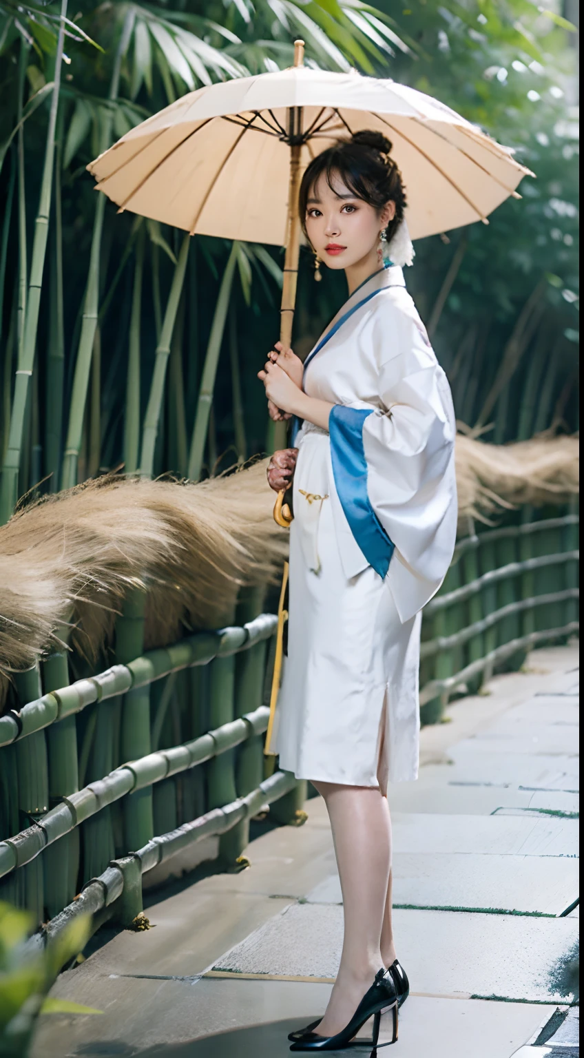 Masterpiece, Extremely detailed Cg Unity 8K wallpaper, 1 girl, Beautiful, Realistic, bblurry, Blurred background, Blurred foreground, Bamboo forest, Depth of field, Earrings, jewelry, nase, Solo, Hanfu, Holding a paper umbrella, rain,Flesh-colored pantyhose,high-heels