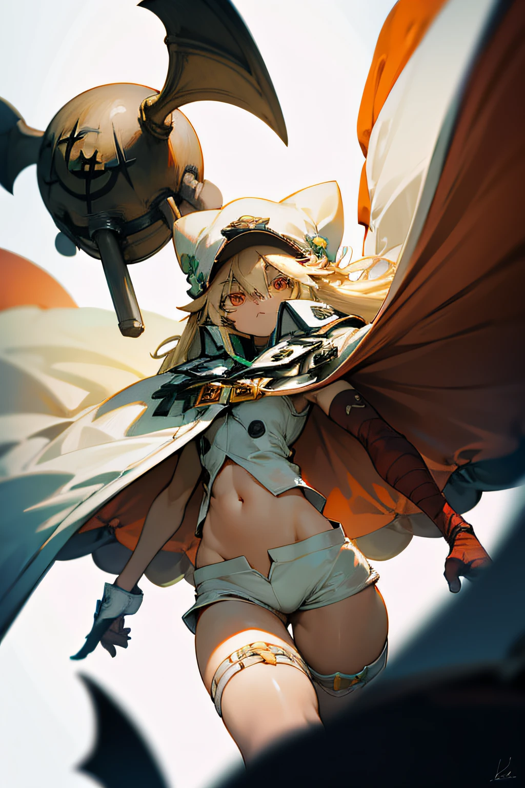 1girl,absurdres, master drawing, masterful drawing, masterful art, masterful use of color, award winning, winning art, award-winning artwork, incredibly absurdres,1 character (ramlethal valentine), guilty gear, guilty gear strive,from front,Large white cloak,very long cape,doubled sided fabric,cape clasp,cape focus,cape flapping in the wind,asymmetrical gloves, bandaged arm, amputee stump,bandages, blonde hair, flexible, gloves, long hair, looking at viewer, navel, orange eyes,white gloves, white shorts,white background,