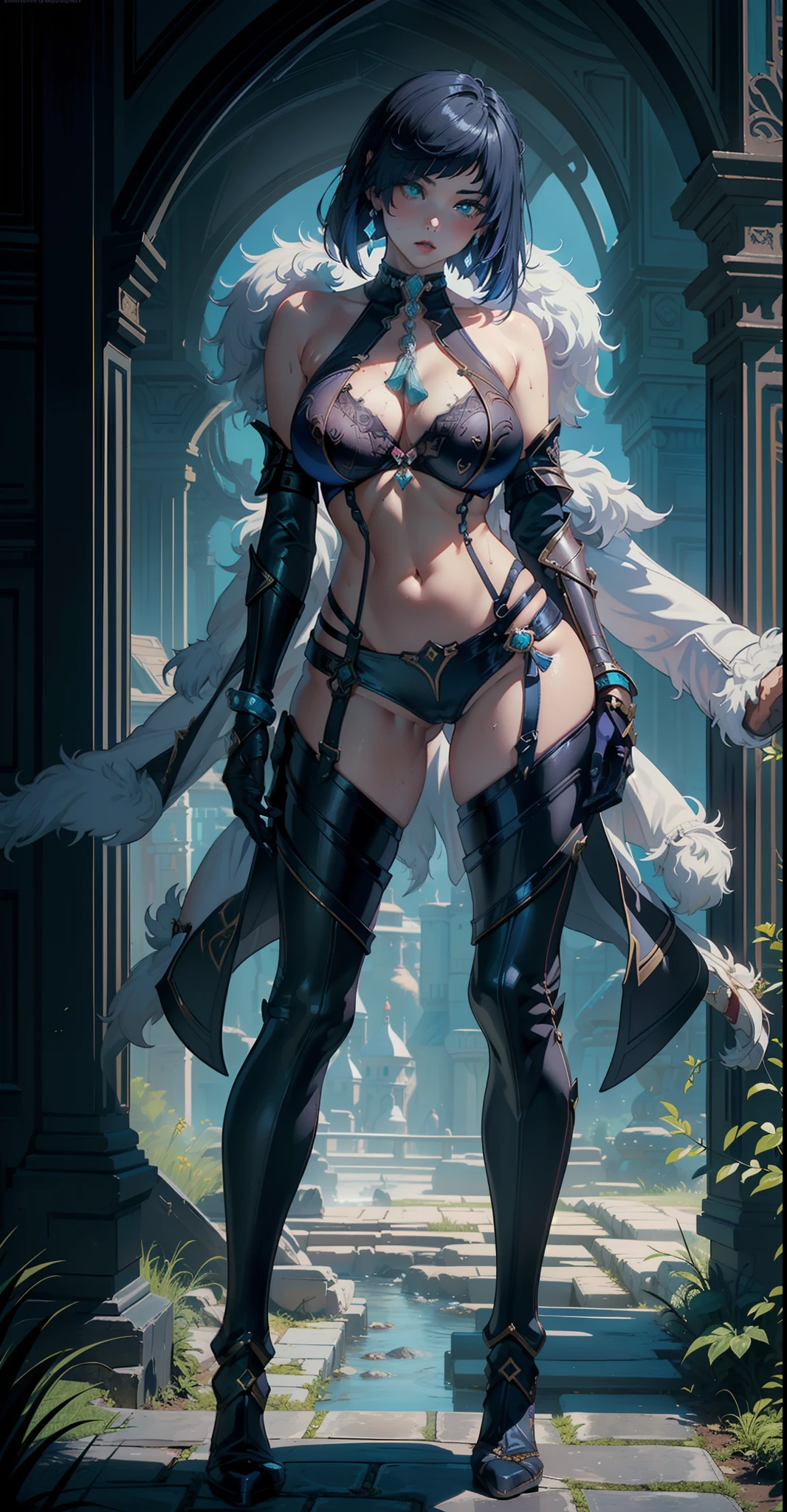 1girl,(sexy armor:1.5), full body, (depth of field), masterpiece,8k, dynamic poses, ultra detail, (pretty face:1.4), (fullbody:1.5), (navel:1.5), (large breasts:1.8), (perfect body:1.2), (detail face:1.2), (kingdom:1), (fantasy vibes:1.5), (glowing eyes), (a view from below that shows sky above), aesthetic, (erotic pose)