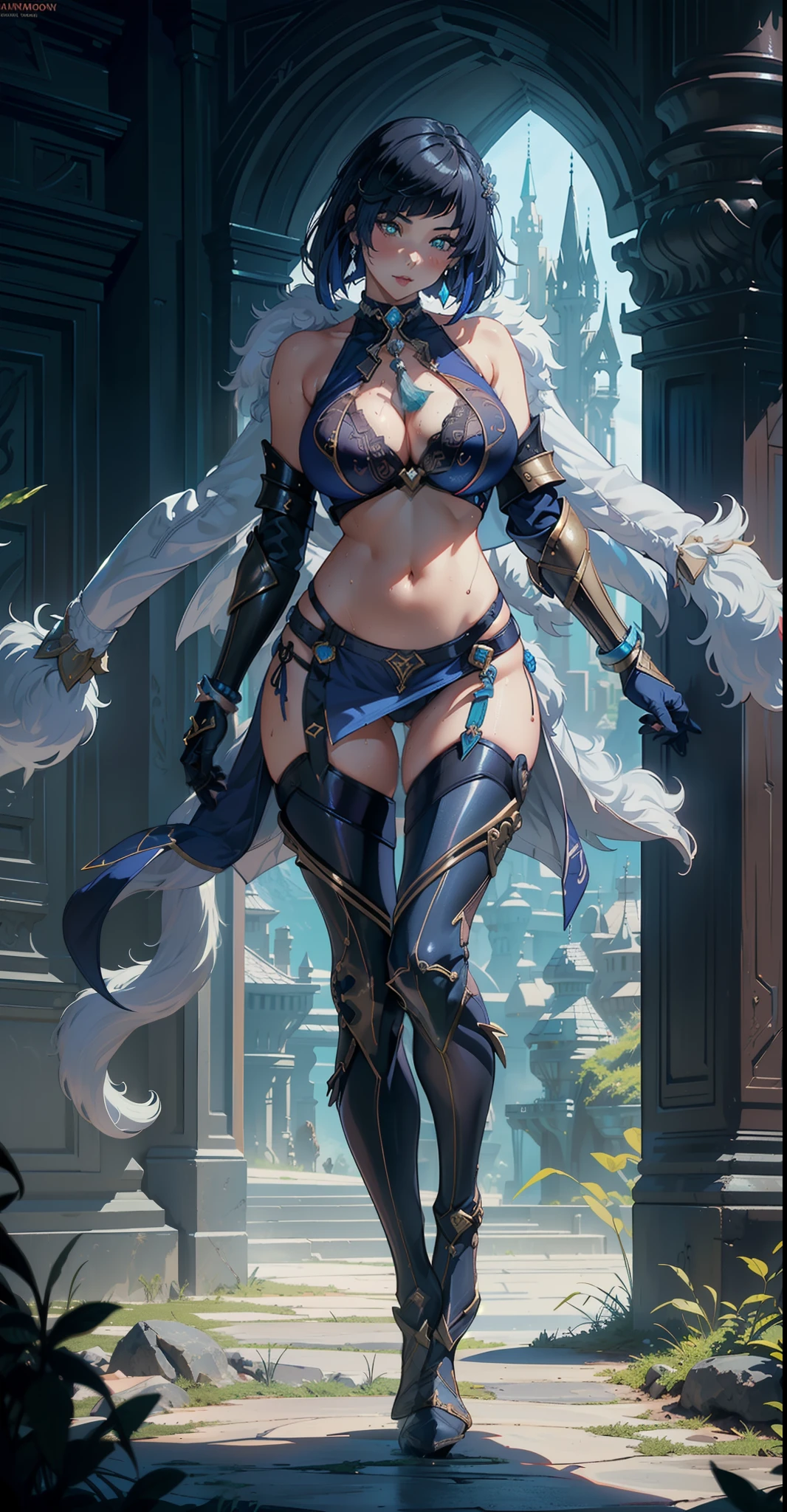 1girl,(sexy armor:1.5), full body, (depth of field), masterpiece,8k, dynamic poses, ultra detail, (pretty face:1.4), (fullbody:1.5), (navel:1.5), (large breasts:1.8), (perfect body:1.2), (detail face:1.2), (kingdom:1), (fantasy vibes:1.5), (glowing eyes), (a view from below that shows sky above), aesthetic, (erotic pose)