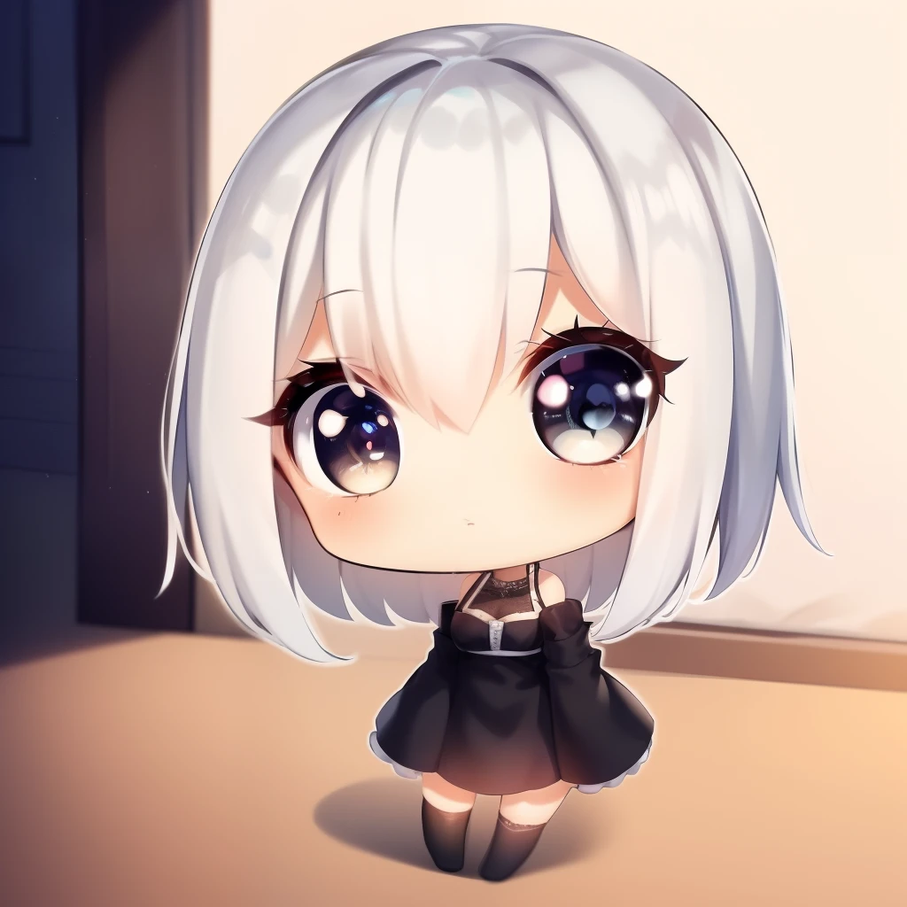 obra-prima, detalhado, soft-lighting, Goth with short white hair, chibi olhos amarelos, sem fundo, all body