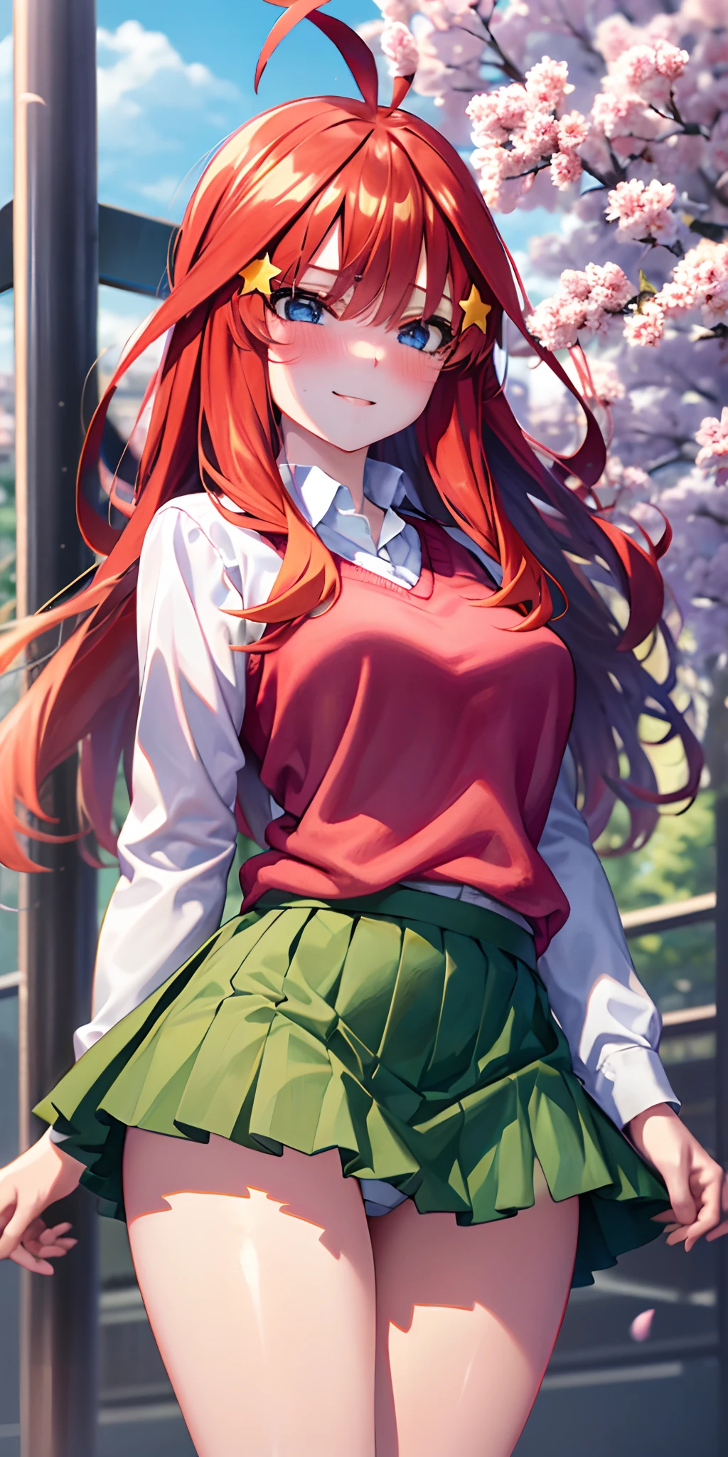 2D, masutepiece, Best Quality, Anime, Highly detailed, 1girl in, Solo, Cowboy Shot, Itsuki Nakano, Red hair, Long hair, Star hair ornament, Ahoge, Red Sweater, Collared shirt, Green skirt, very short miniskirt, medium breasts, Standing, School, Outdoors, smile, blush, embarrassed,skirt lift by yourself,pigeon-toed, showing panties, floating hair, wind,