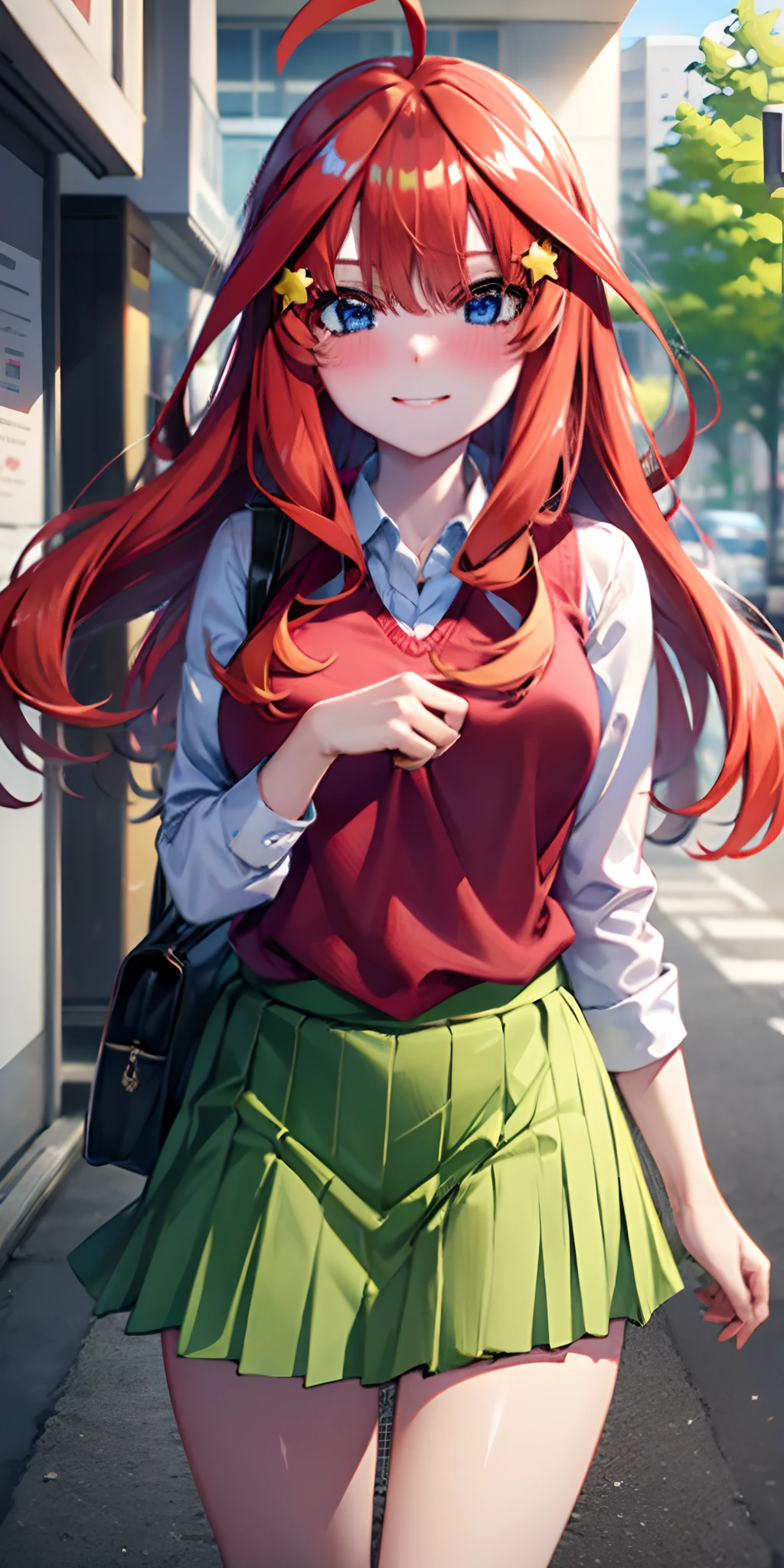 2D, masutepiece, Best Quality, Anime, Highly detailed, 1girl in, Solo, Cowboy Shot, Itsuki Nakano, Red hair, Long hair, Star hair ornament, Ahoge, Red Sweater, Collared shirt, Green skirt, very short miniskirt, medium breasts, Standing, School, Outdoors, smile, blush, embarrassed,skirt lift by yourself,pigeon-toed, showing panties, floating hair, wind,