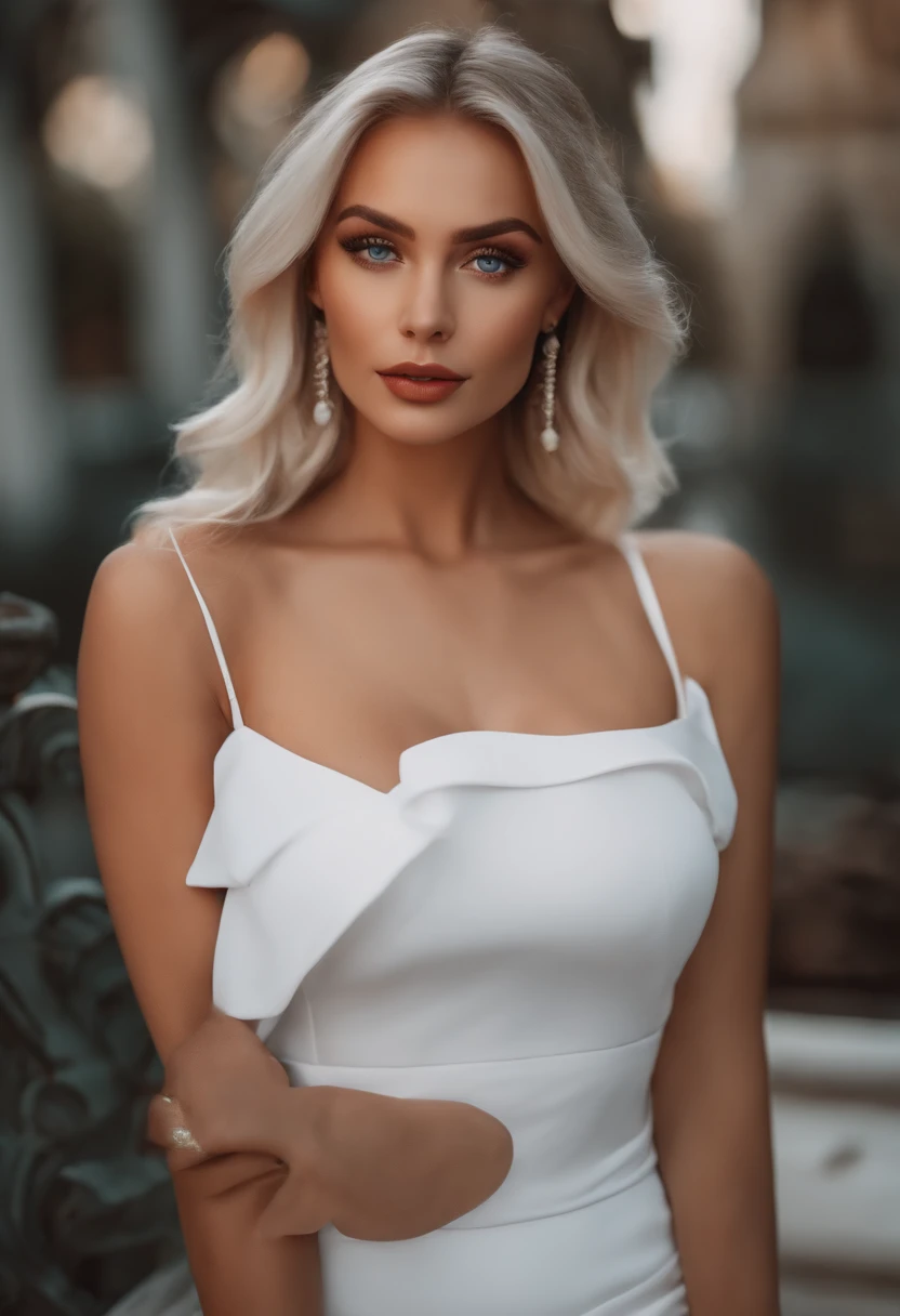 realistic white female instagram influencer, best quality, blonde, 1 girl, blue eyes, in white tight short dress