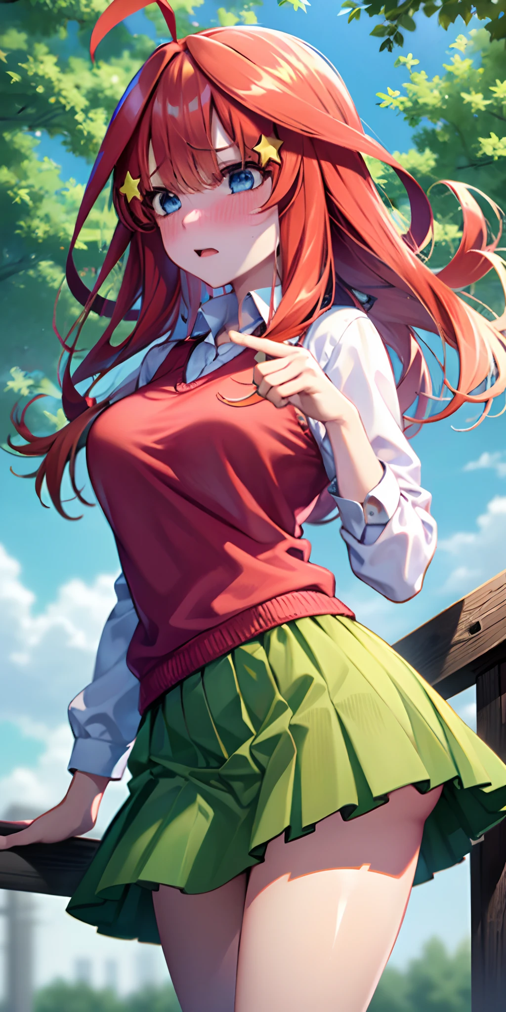 2D, masutepiece, Best Quality, Anime, Highly detailed, 1girl in, Solo, Cowboy Shot, Itsuki Nakano, Red hair, Long hair, Star hair ornament, Ahoge, Red Sweater, Collared shirt, Green skirt, very short miniskirt, medium breasts, Standing, School, Outdoors, panicking, blush, embarrassed,skirt lift by yourself,pigeon-toed, showing panties, floating hair, wind,