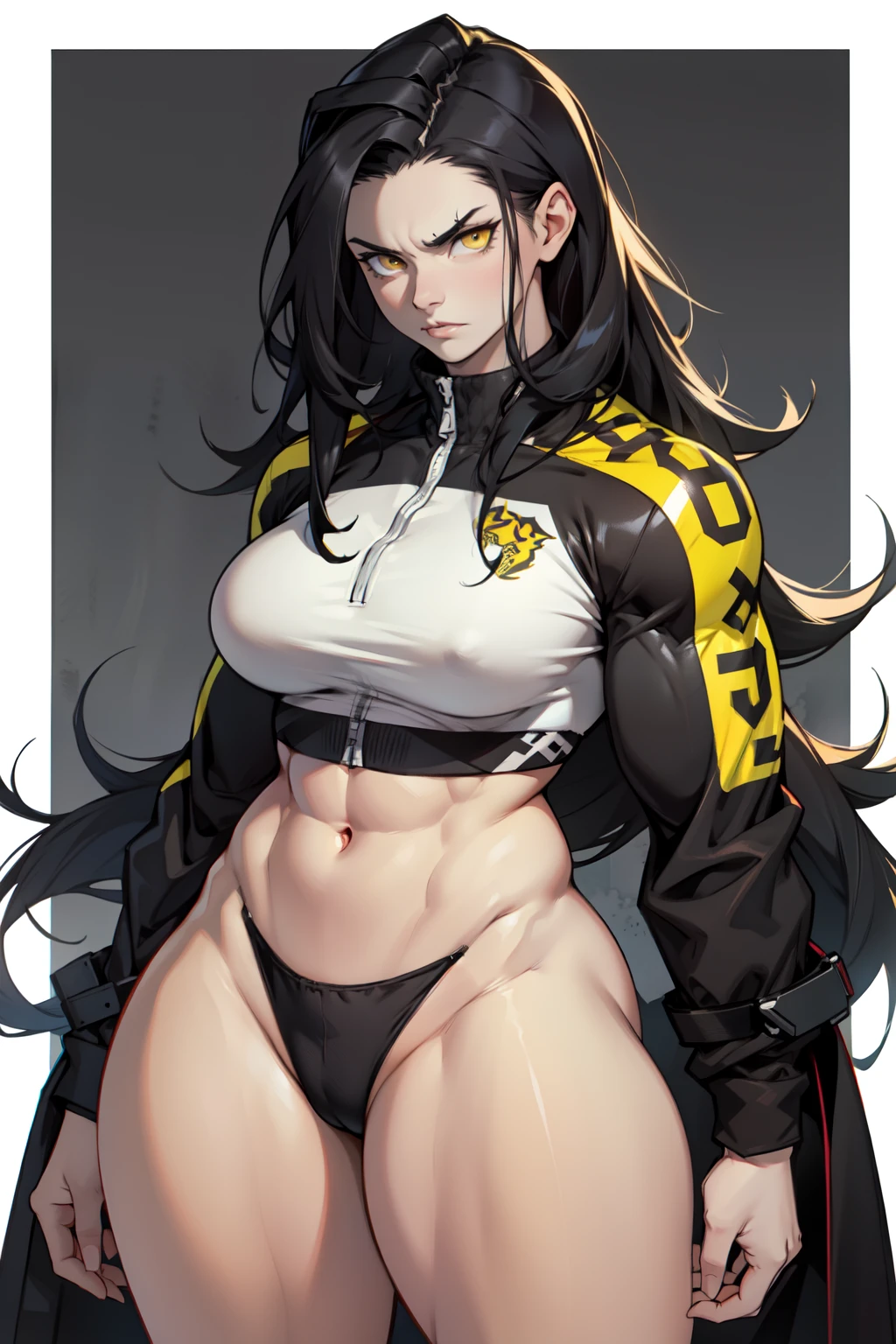 1 girl pale skin black hair yellow eyes long hair angry muscular toned body bodybuilder curvy wide hips thick thighs