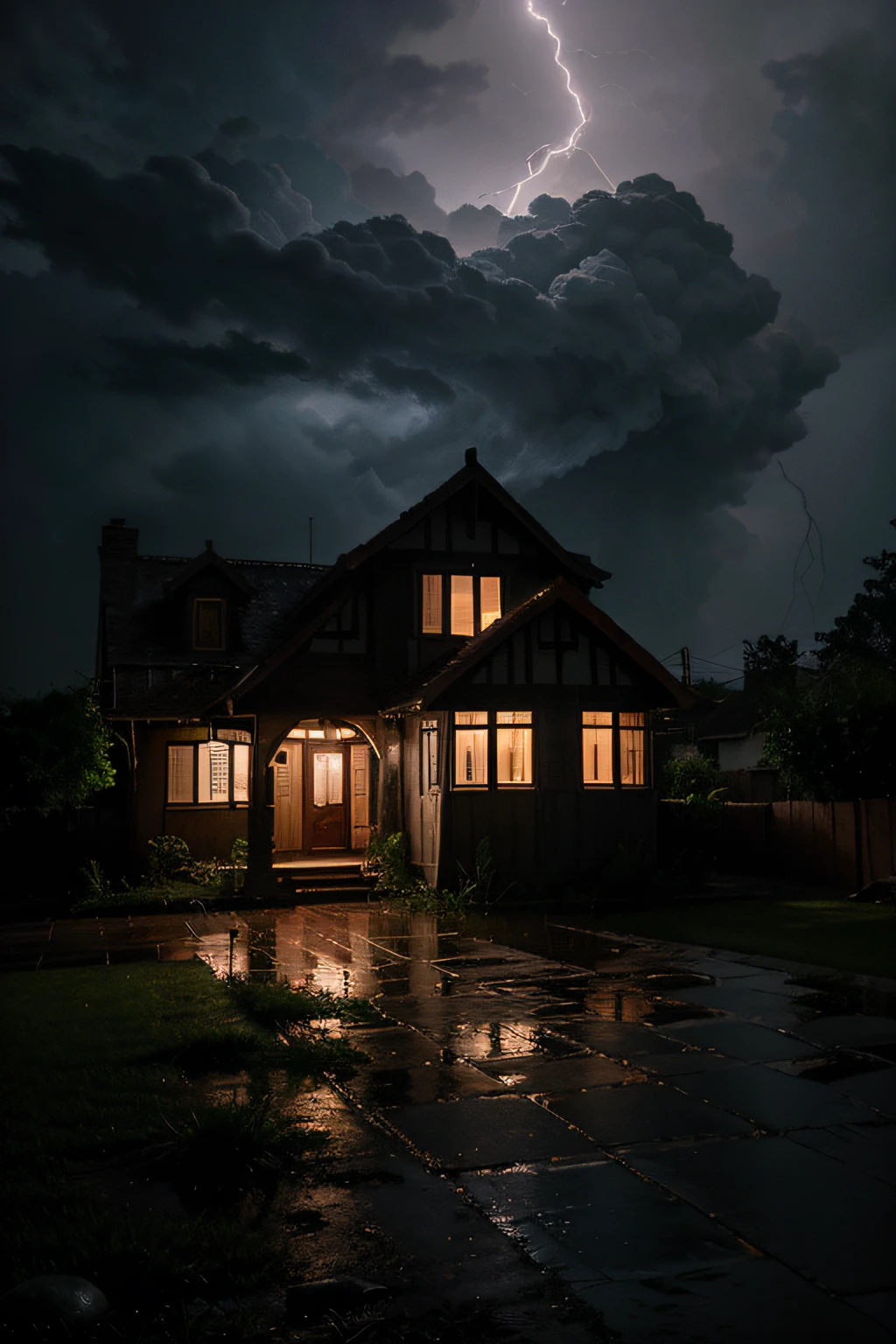 Generate an image of Emily's house at night during a thunderstorm. Rain pours down heavily, and the sound of thunder echoes through the air. Lightning streaks across the sky, briefly illuminating the surroundings. The house, with its stained glass windows, stands in eerie contrast to the stormy backdrop. The dim, soft light from within casts enchanting, colorful reflections on the wet ground. Heavy, wet curtains billow in the wind as the house exudes an atmosphere of mystery and enchantment amidst the tempestuous night.
