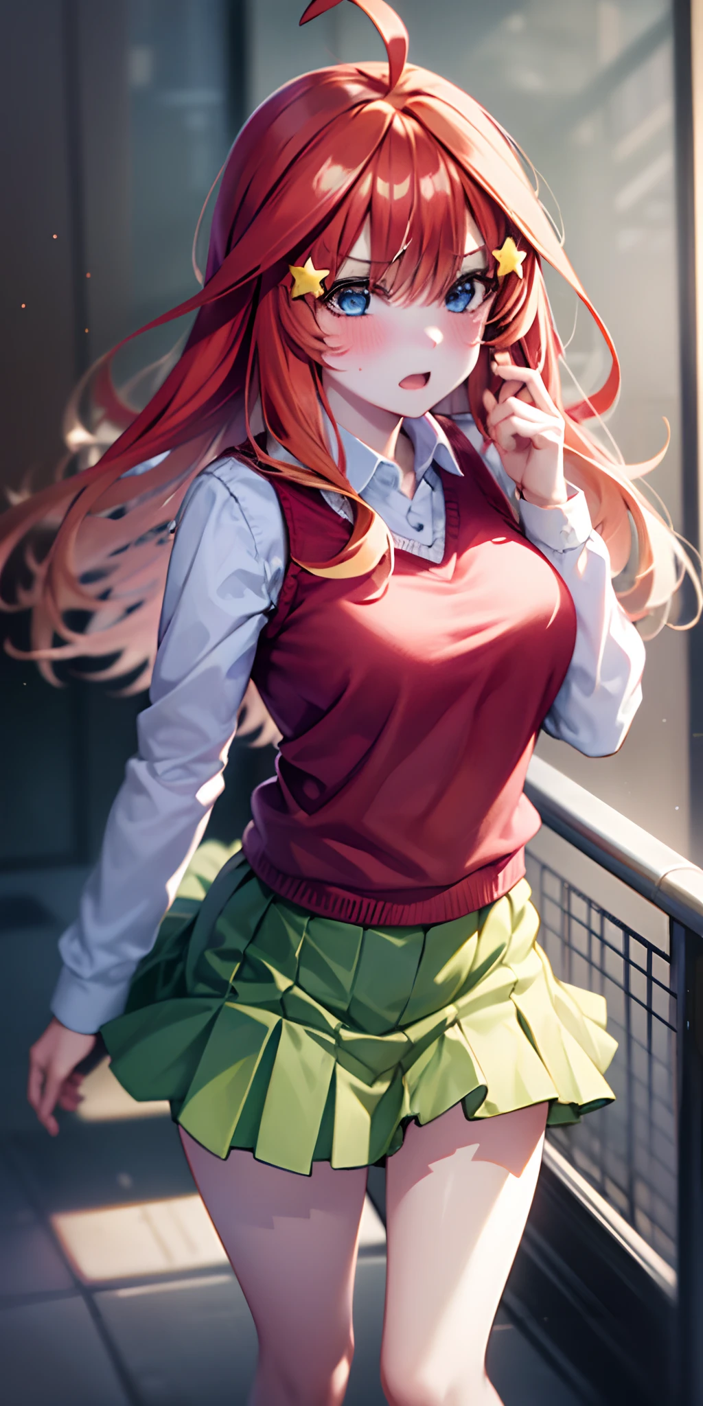 2D, masutepiece, Best Quality, Anime, Highly detailed, 1girl in, Solo, Cowboy Shot, Itsuki Nakano, Red hair, Long hair, Star hair ornament, Ahoge, Red Sweater, Collared shirt, Green skirt, very short pleated miniskirt, medium breasts, Standing, School, Outdoors, panicking, blush, embarrassed,skirt lift by yourself,pigeon-toed, showing panties, floating hair, wind,