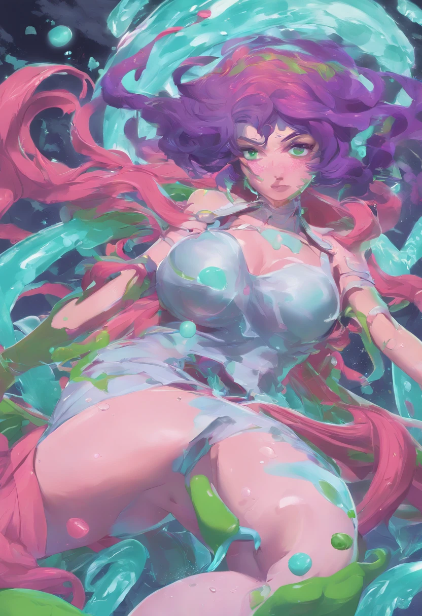 RPG game style, slime girl, beautiful slime girl, hot slime girl, busty slime girl, thick slime girl, anatomically accurate girl, girl being covered in slime in the background, another girl being pleasured by slime in the background