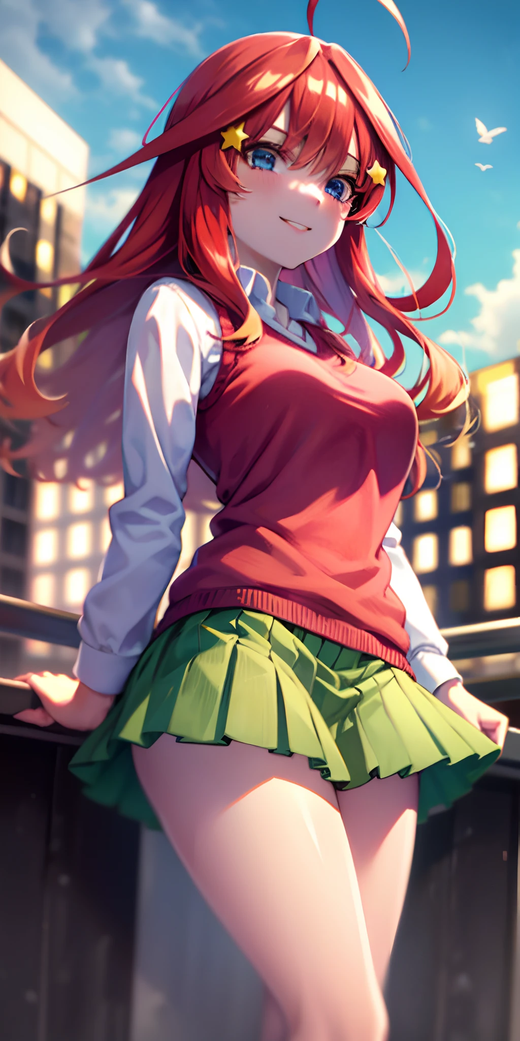 2D, masutepiece, Best Quality, Anime, Highly detailed, 1girl in, Solo, Cowboy Shot, Itsuki Nakano, Red hair, Long hair, Star hair ornament, Ahoge, Red Sweater, Collared shirt, Green skirt, very short miniskirt, medium breasts, Standing, School, Outdoors, happy smile, skirt lift by yourself,pigeon-toed, showing panties, floating hair, wind,