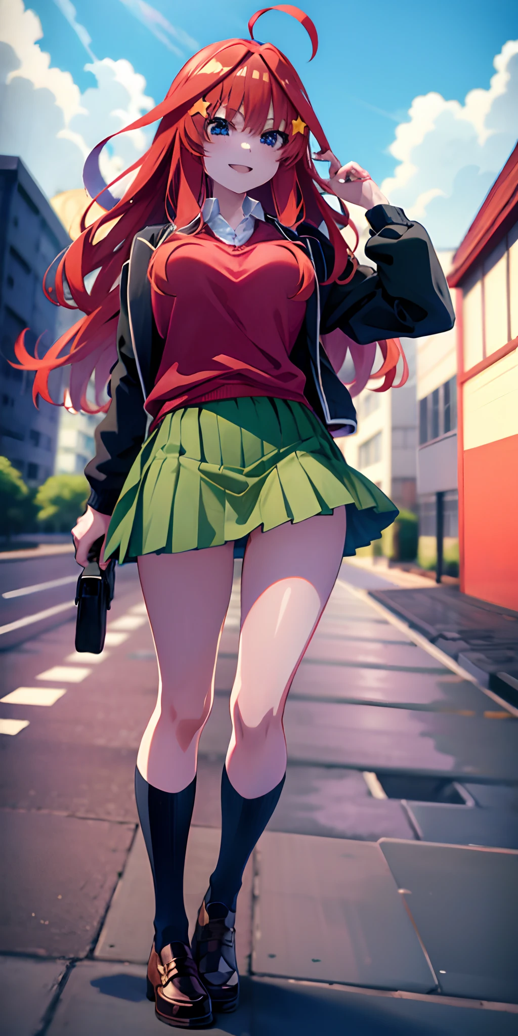 2D, masutepiece, Best Quality, Anime, Highly detailed, 1girl in, Solo, Cowboy Shot, Itsuki Nakano, Red hair, Long hair, Star hair ornament, Ahoge, Red Sweater, Collared shirt, Green skirt, very short miniskirt, medium breasts, Standing, School, Outdoors, happy smile, skirt lift by yourself,pigeon-toed, showing panties, floating hair, wind,