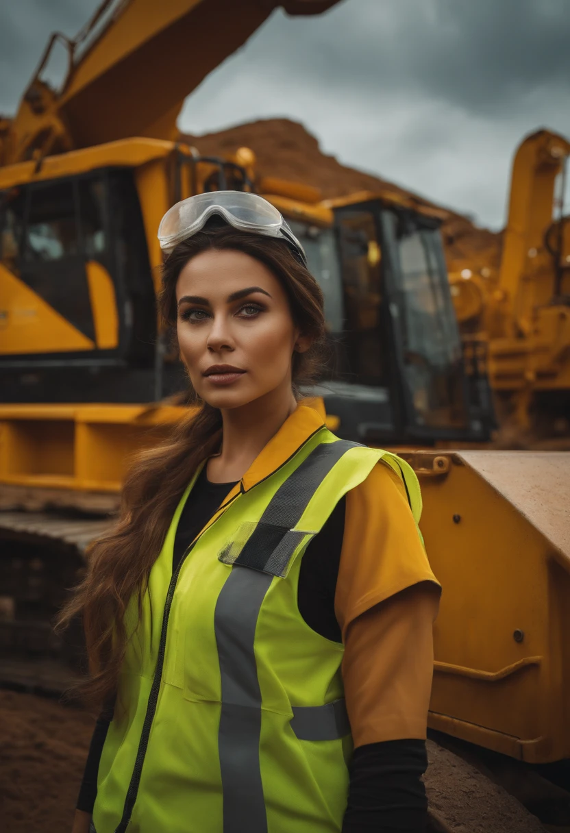Obra maestra, Best 16K Resolution, mujer hermosa de cuerpo normal delgado de un metro setenta de estatura, Dressed in construction clothes and reflective vest operating a heavy mining machine with remote control