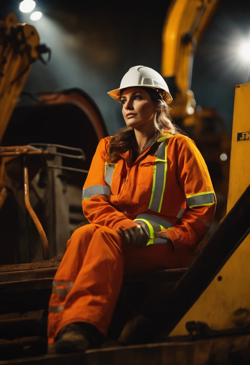 Obra maestra, Best 16K Resolution, mujer hermosa de cuerpo normal delgado de un metro setenta de estatura, Dressed in construction clothes and reflective vest operating a heavy mining machine with remote control