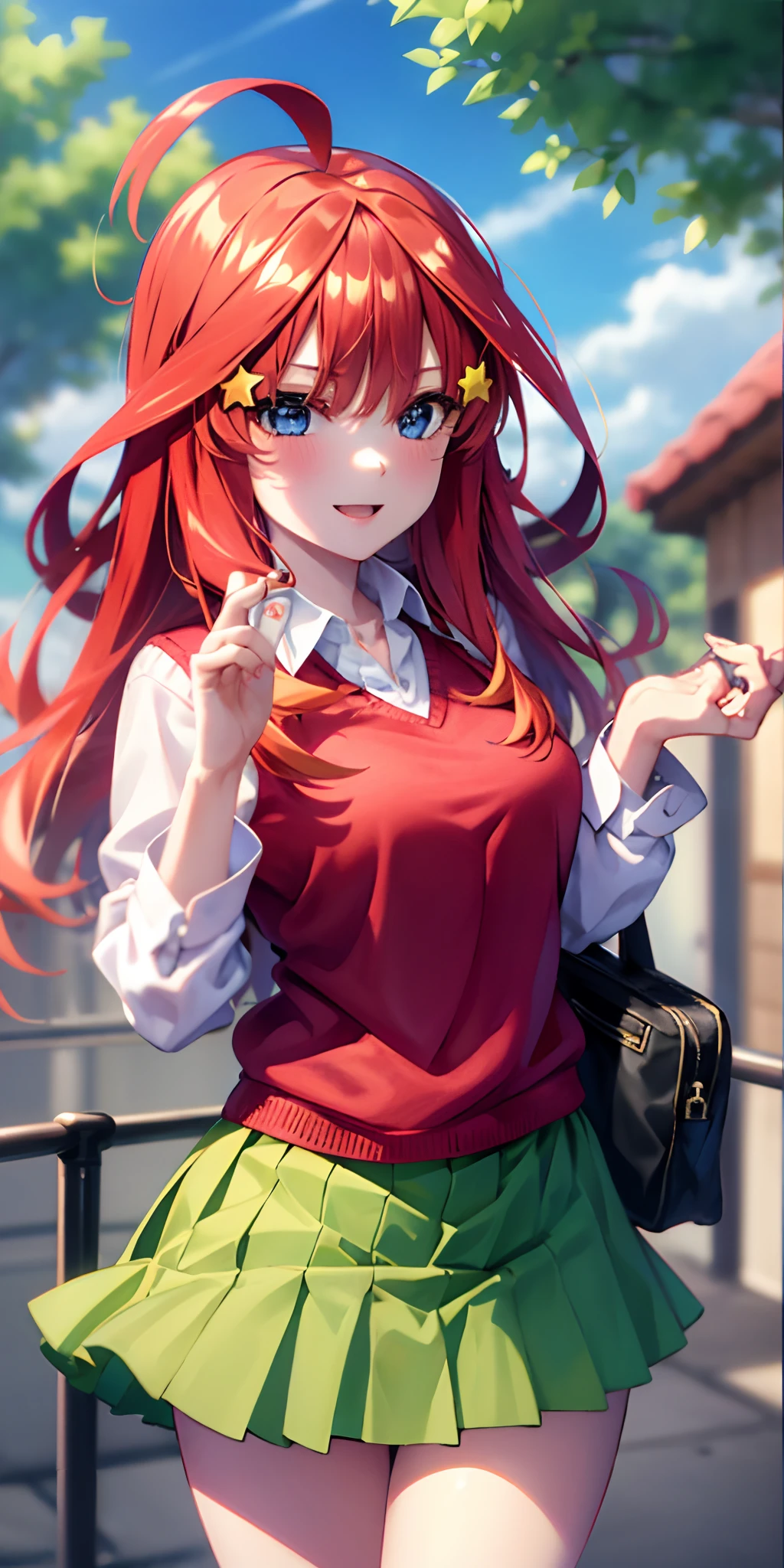 2D, masutepiece, Best Quality, Anime, Highly detailed, 1girl in, Solo, Cowboy Shot, Itsuki Nakano, Red hair, Long hair, Star hair ornament, Ahoge, Red Sweater, Collared shirt, Green skirt, very short miniskirt, medium breasts, Standing, School, Outdoors, happy smile, skirt lift by yourself,pigeon-toed, showing panties, floating hair, wind,