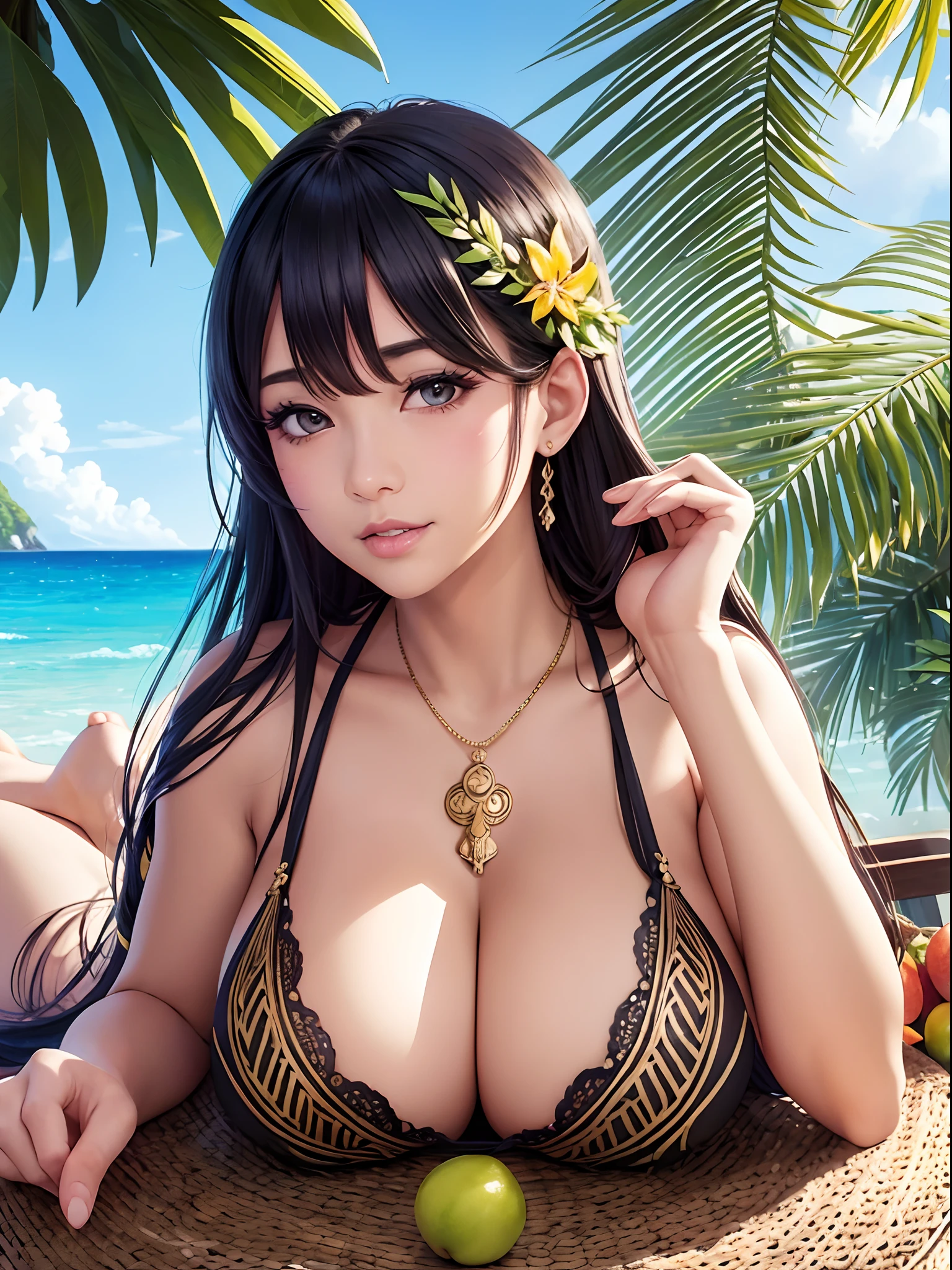 {{{best quality}}}, {{ultra-detailed}}, {illustration},{{{masterpiece}}}, 　Beautiful adult woman of Polynesian dancer、Attach a giant fruit to the upper body、Tropical island background、Anime Illustration、Full-color digital art、