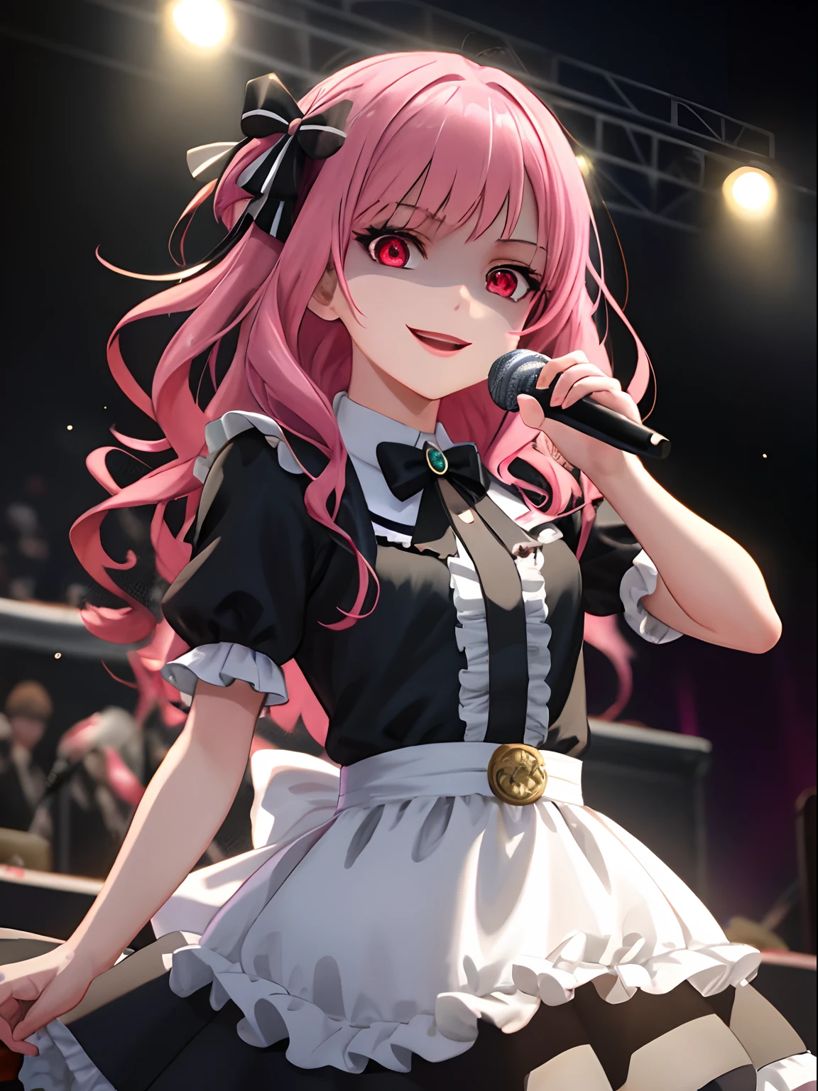 arafed image of a woman in a Black lolita outfit holding a microphone, trending on artstation pixiv, 8k high quality detailed art, detailed digital anime art, splash art anime, 1girl, red eyes, pink hair, eyes in shadow, creepy smile, idol, singing, concert
