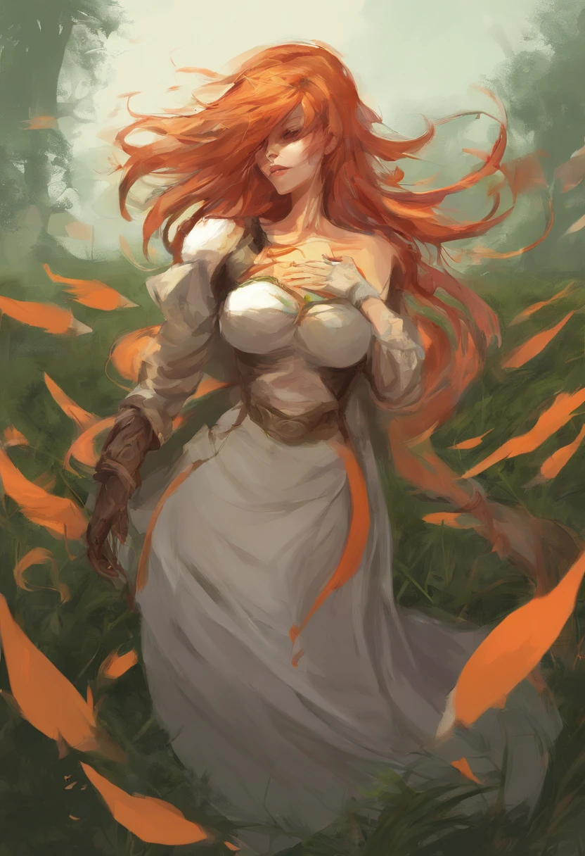 Grassy field, lamia girl, man coiled by lamia, lustful face on the lamia, the lamia has a red tail and a white underbelly, the lamia has white skin, the lamia has orange hair, the lamia has large breasts.