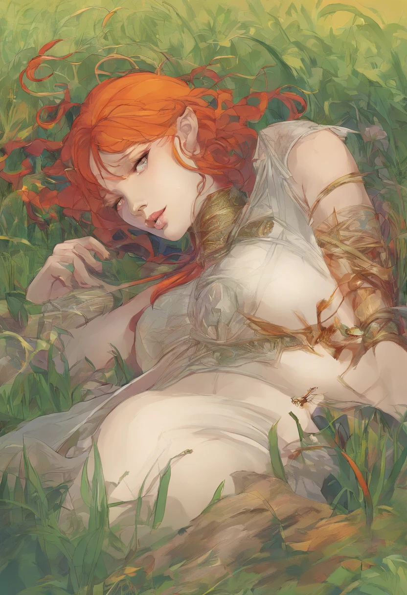 Grassy field, lamia girl, man coiled by lamia, lustful face on the lamia, the lamia has a red tail and a white underbelly, the lamia has white skin, the lamia has orange hair, the lamia has large breasts.