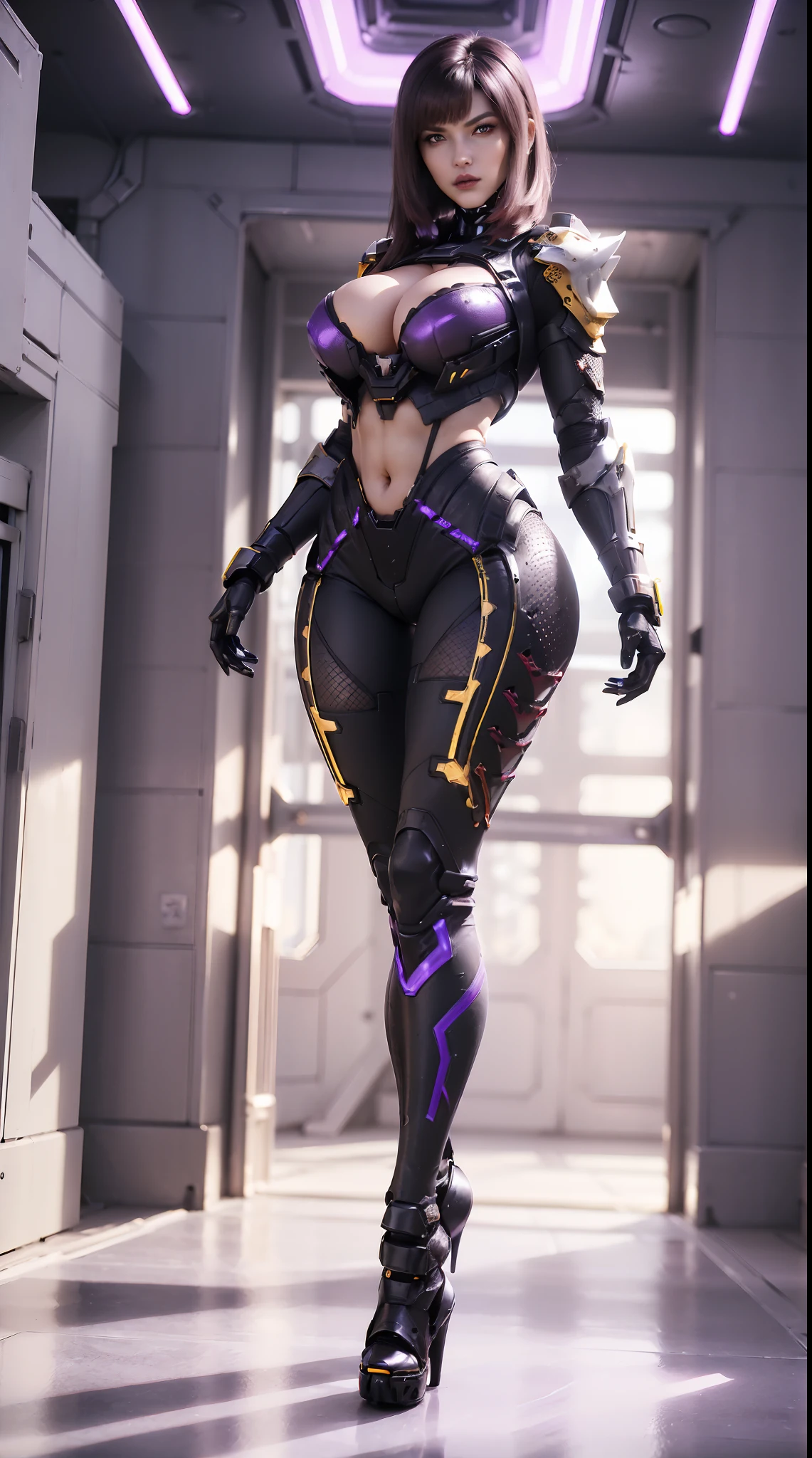 (Devouring the Starry Sky), (1GIRL,SOLO:2), (super detailed face), ((BIG BUTTOCKS, HUGE FAKE BREASTS:1.5)), (CLEAVAGE TOP:1.5), (11 LINE ABS FEMALE:1.4), (MECHA GUARD ARM:1.4), ((WEAR PURPLE RED OVERWATCH MECHANICAL ARMOR CROP TOP, BLACK MECHANICAL SKINTIGHT SUIT PANTS, MECHA GUARD ARMOR LEGS, HIGH HEELS:1.5)), (LEWD VOLUPTUOUS BODY:1.3), (GLOWING SKIN:0.8), (LONG LEGS, FULL BODY:1.1), (LOOKING AT VIEWER:1.3), (female focus:0.886), (WALKING DOWN HALLWAY OF FUTURISTIC SPACE STATION:1), (BRIGHT LIGHT WHITE_ROOM:1.3), SUPER TEXTURE, UNREAL ENGINE RENDER, PHYSICALLY-BASED RENDERING, ULTRA HIGHT DEFINITION, 16K, 1080P.