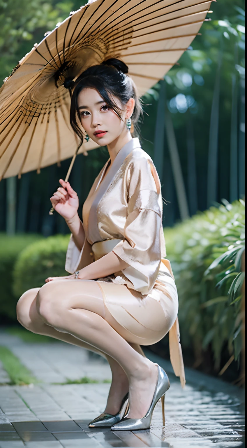 Masterpiece, Extremely detailed Cg Unity 8K wallpaper, 1 girl, Beautiful, Realistic, bblurry, Blurred background, Blurred foreground, Bamboo forest, Depth of field, Earrings, jewelry, nase, Solo, Hanfu, Holding a paper umbrella, rain,Flesh-colored pantyhose,high-heels