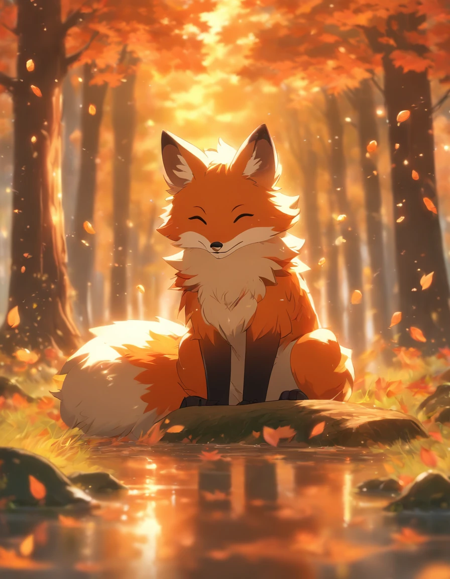 (best quality,4k,8k,highres,masterpiece:1.2),ultra-detailed, lots of mapple leaf falling,colorful autumn scene,lonely fox,cute fox,autumn forest,fox wearing cloak made of maple leaves,hiding fox,root of a tree,rainy day,serene atmosphere,maple trees,fall foliage,beautifully colored fox,dark green and orange leaves,peaceful environment,natural lighting,soft raindrops,leaves on the ground,gentle mist,flickering sunlight through the trees,majestic tree trunks,quiet solitude,magical atmosphere